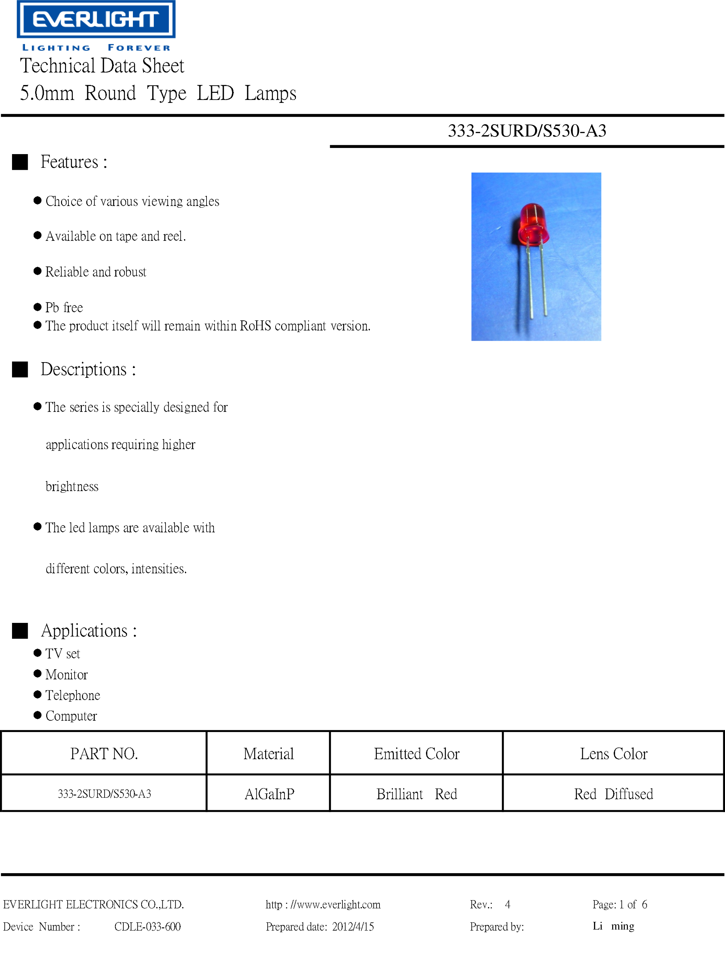 亿光直插5mm发光二级管333-2SURD/S530-A3PDF 数据表