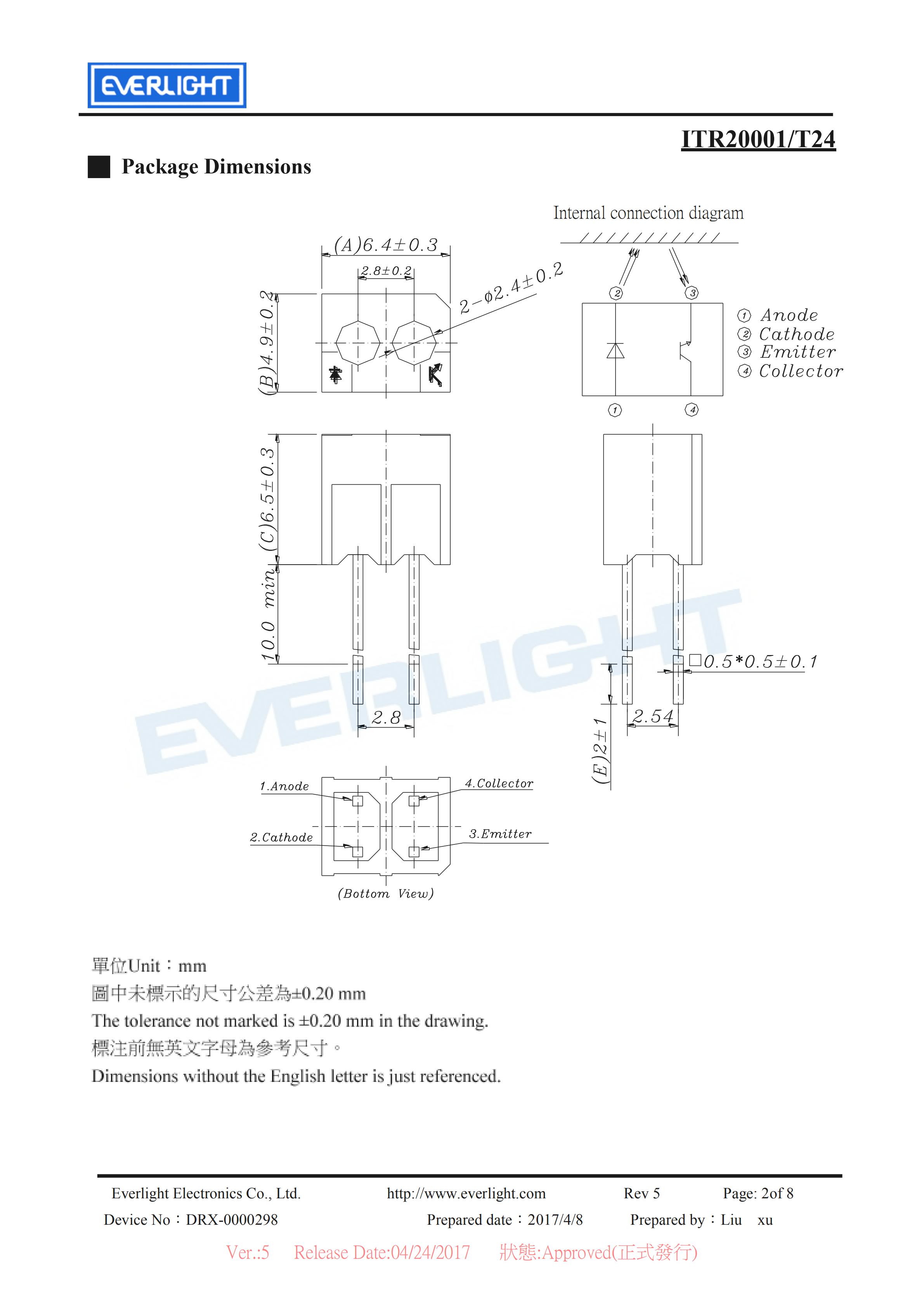 亿光反射式光电开关ITR20001-T24开关传感器参数及规格书(PDF 数据表)