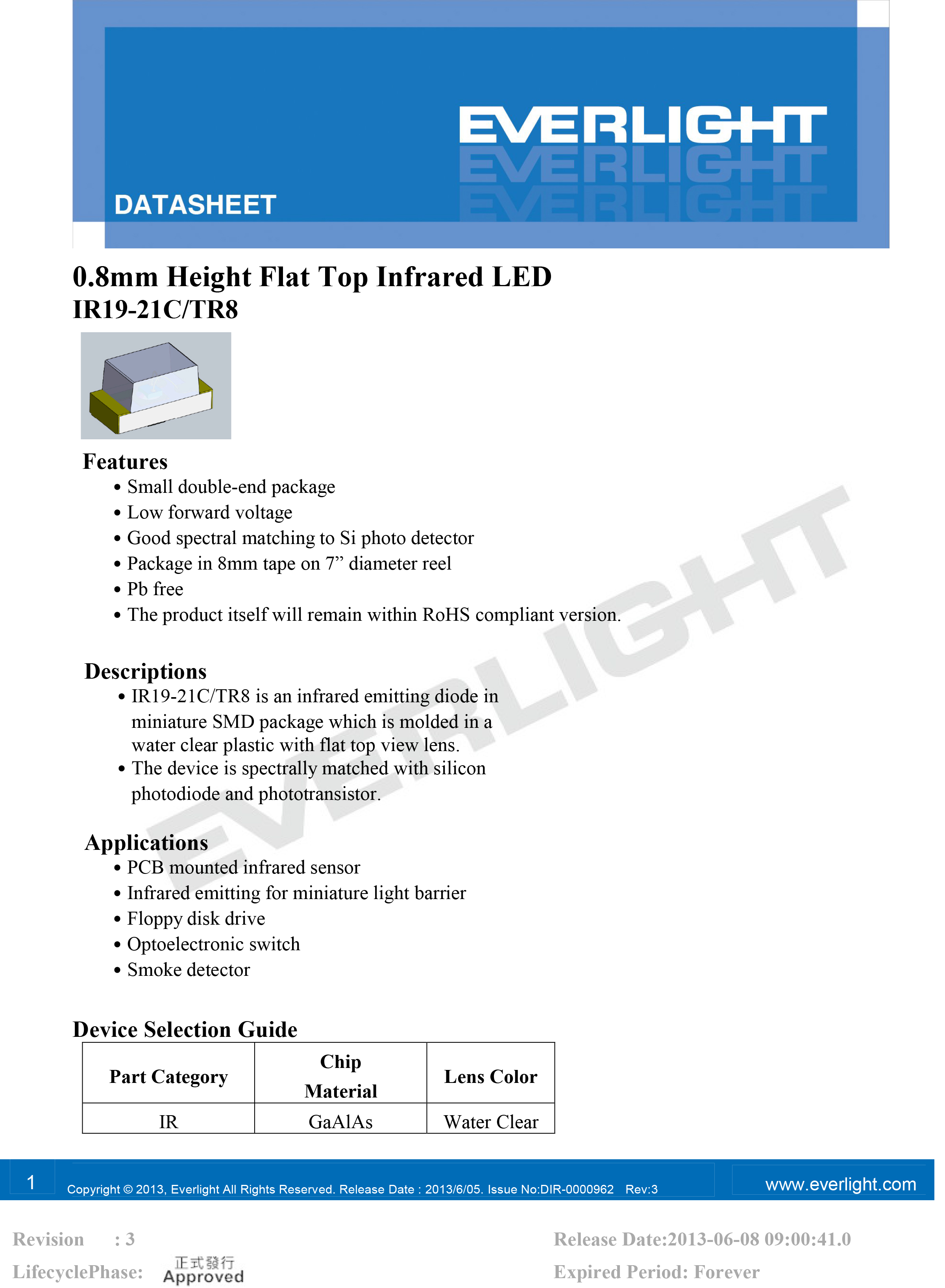 亿光贴片0603红外发射管IR19-21C/TR8规格书PDF