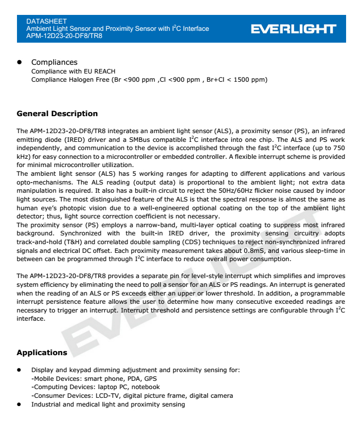 亿光接近式传感器APM-12D23-20-DF8/TR8规格书PDF