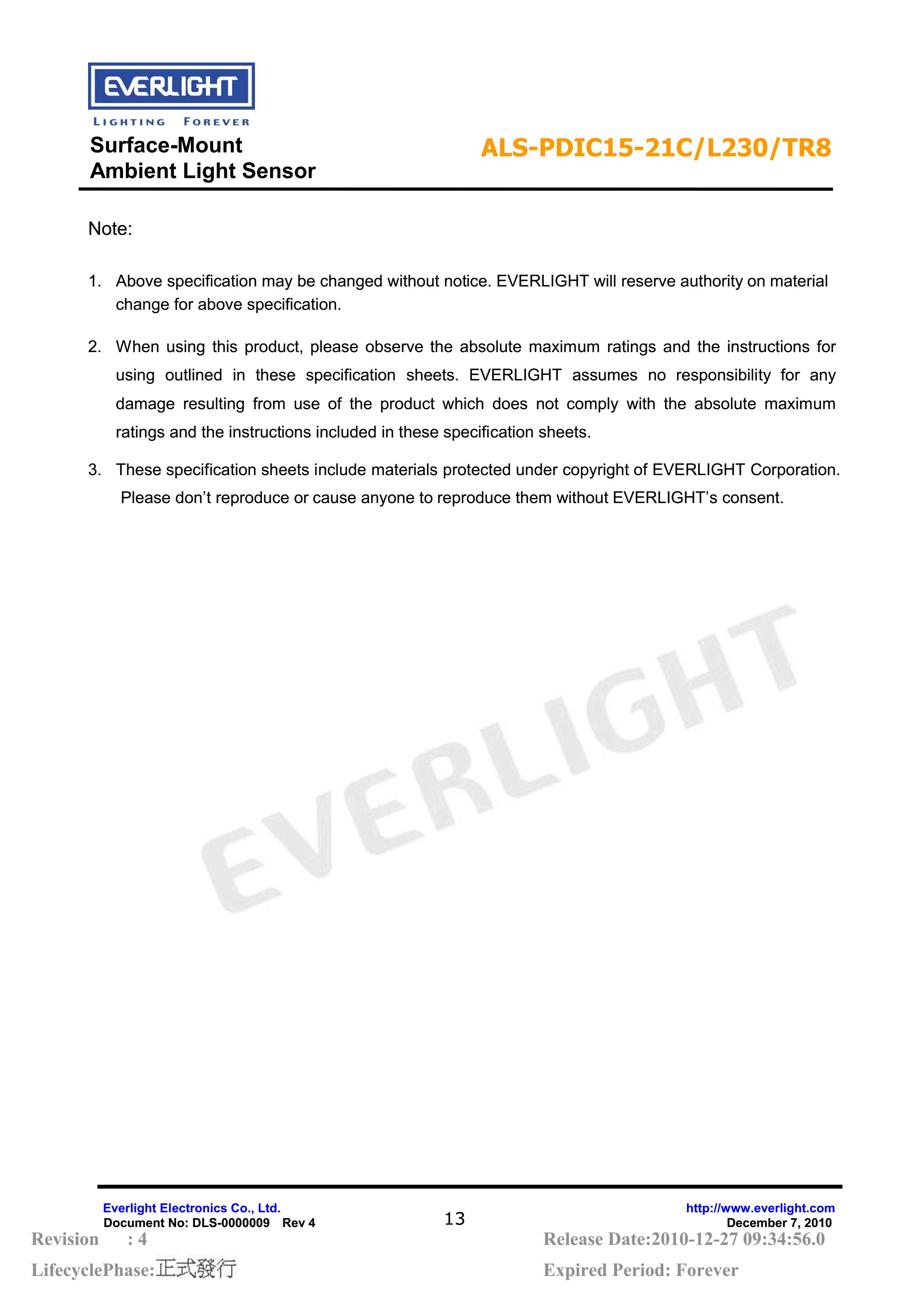 亿光贴片1206环境光传感器ALS-PDIC15-21C/L230/TR8规格书（数据表PDF）