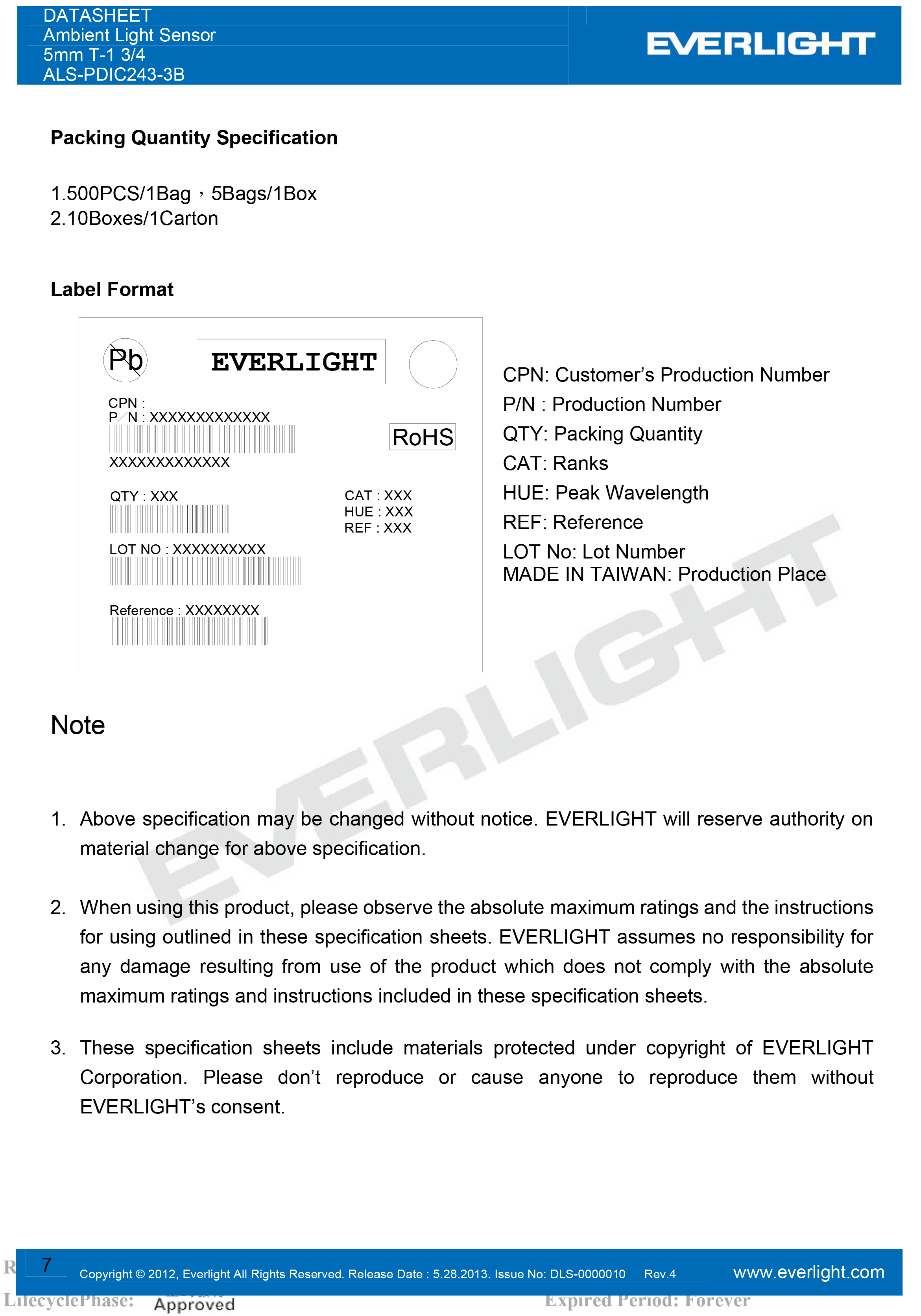 亿光直插5mm环境光传感器ALS-PDIC243-3B规格书PDF数据表