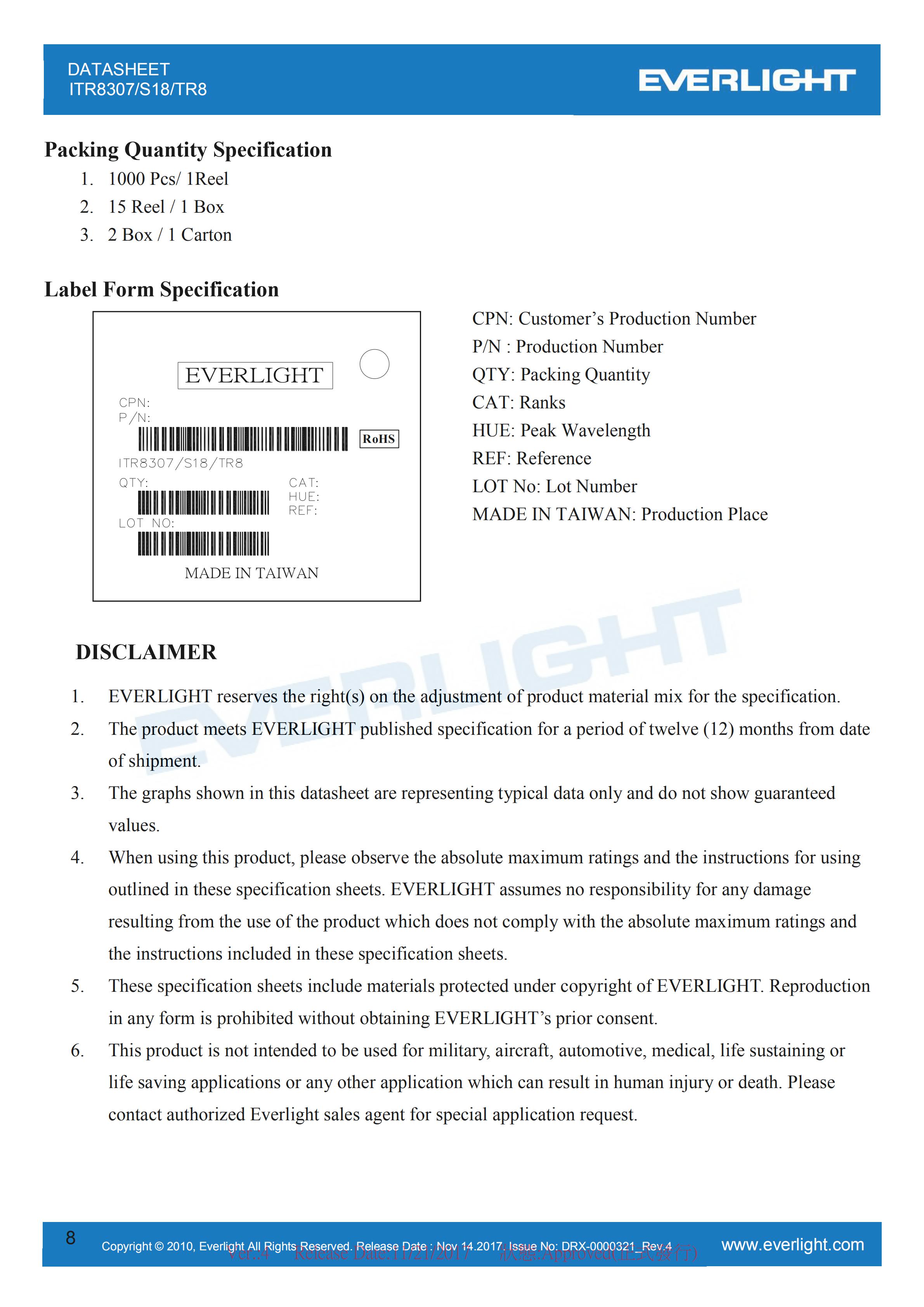亿光贴片反射式光电开关ITR8307/S18/TR8参数及规格书(PDF 数据表)