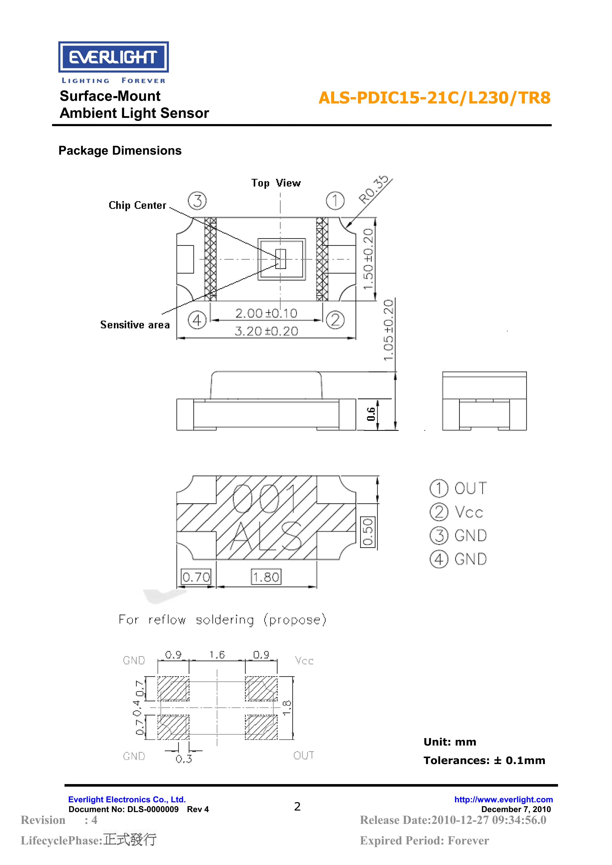亿光贴片1206环境光传感器ALS-PDIC15-21C/L230/TR8规格书（数据表PDF）