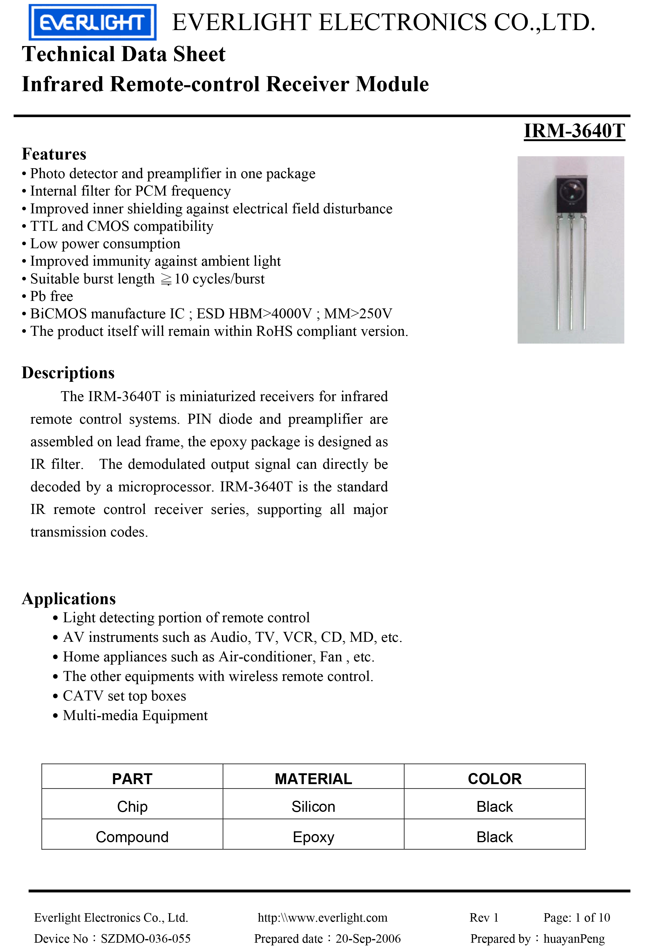 亿光直插红外接收头IRM-3640T规格书PDF