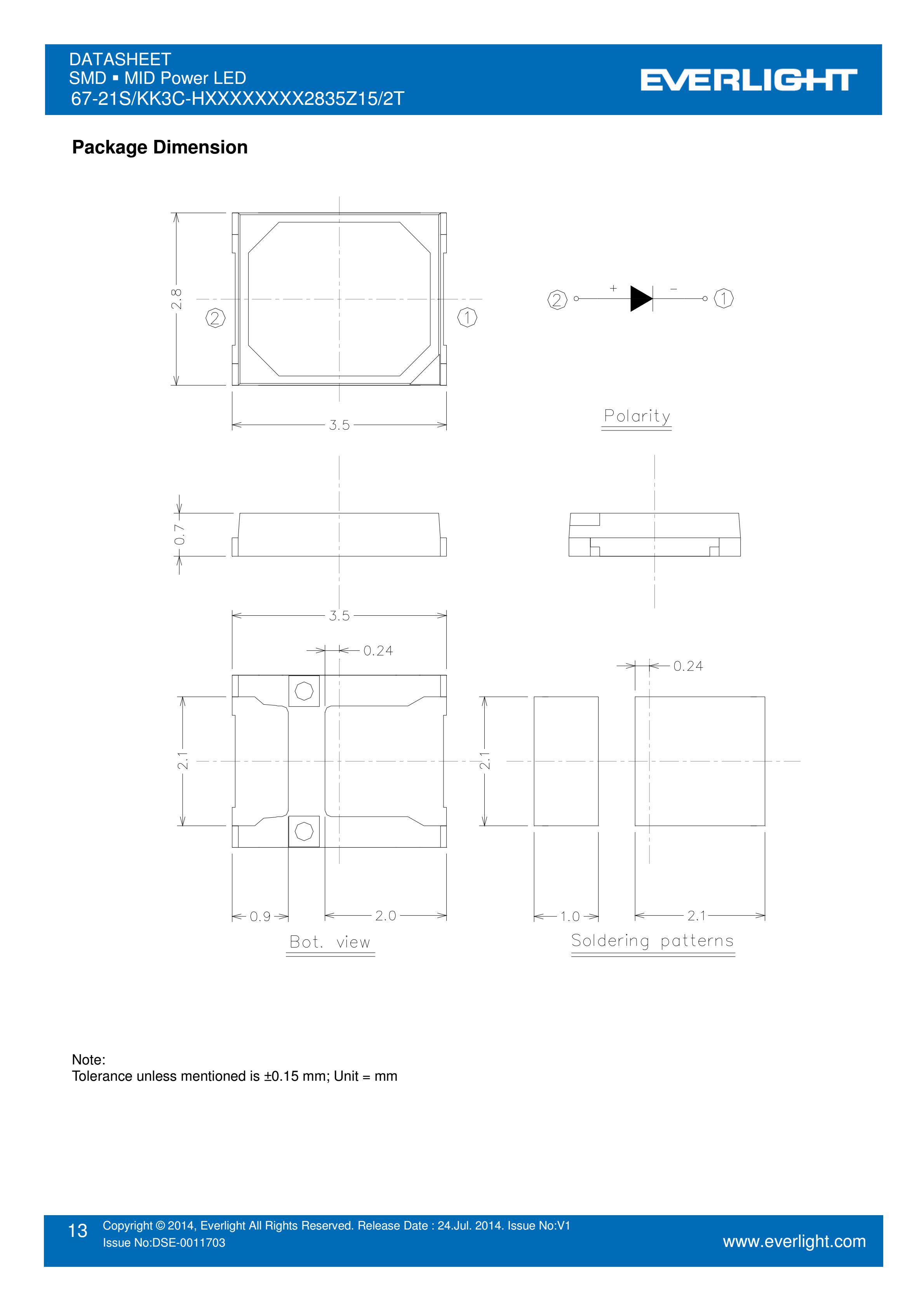 亿光贴片2835灯珠67-21S/KK3C-H4040R1R42835Z15/2T 白光规格书PDF（数据表）