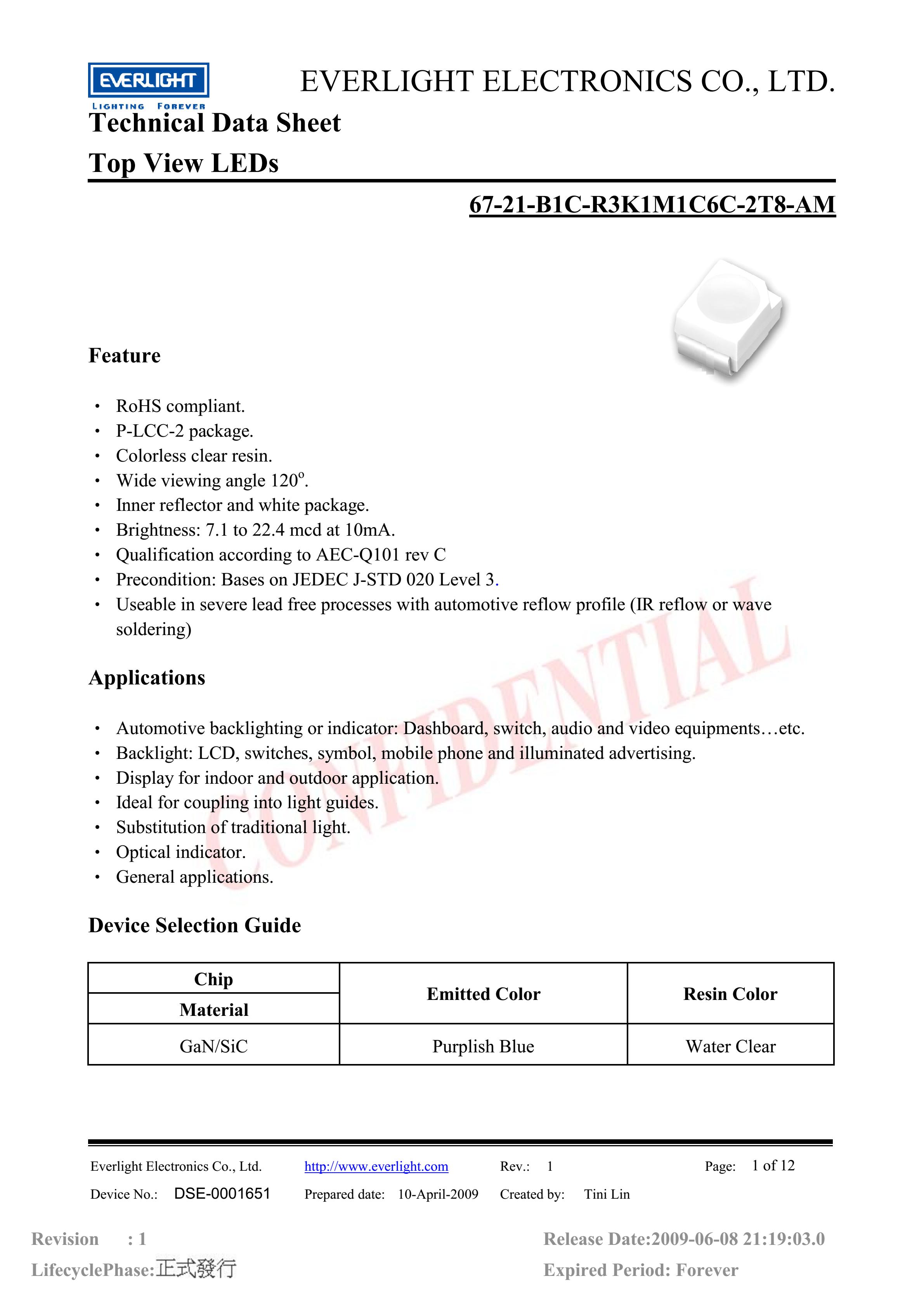 亿光贴片3528汽车专用灯珠67-21-B1C-R3K1M1C6C-2T8-AM蓝光规格书PDF（数据表）