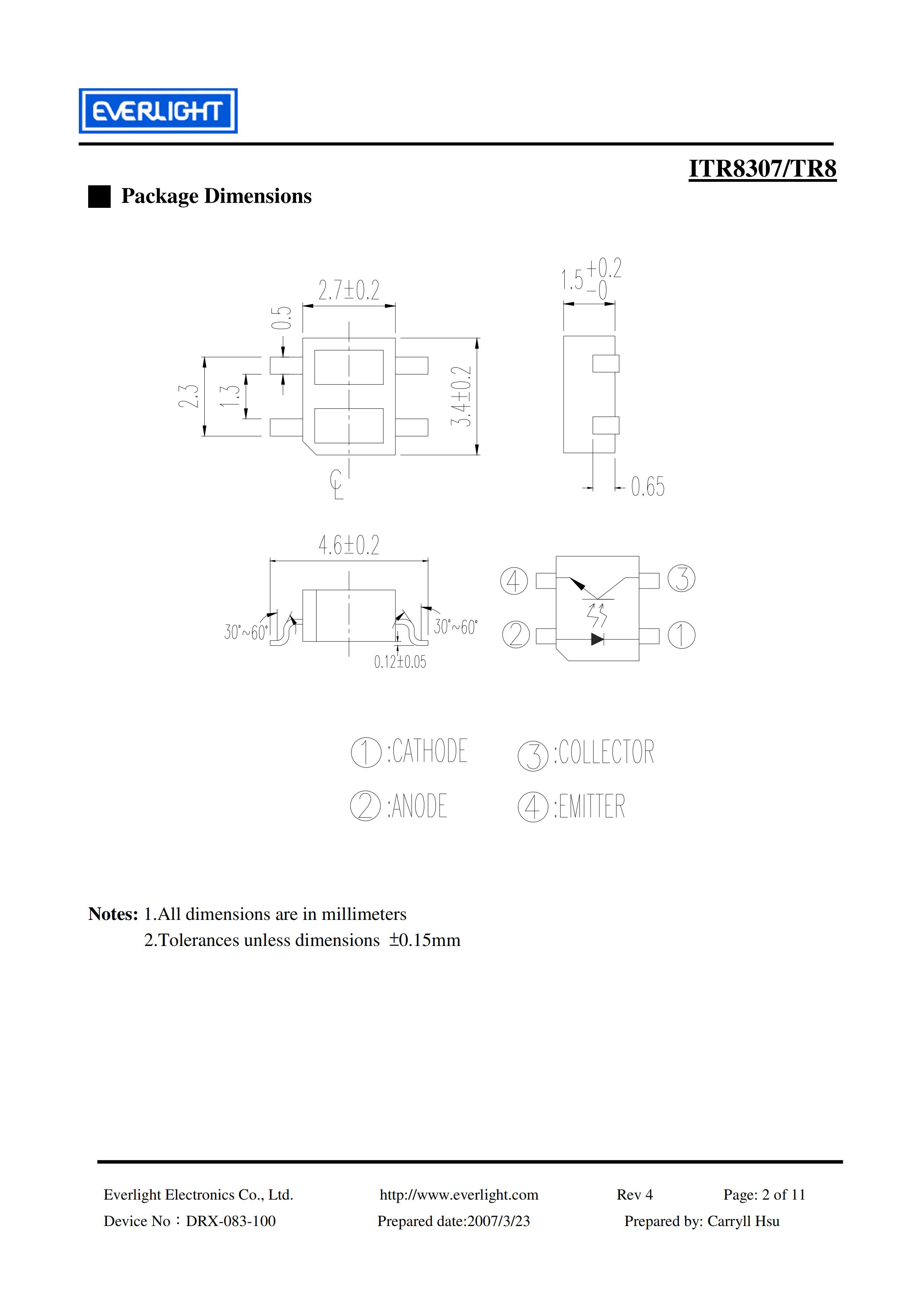 亿光反射式光电开关ITR8307/TR8开关传感器参数及规格书(PDF 数据表)