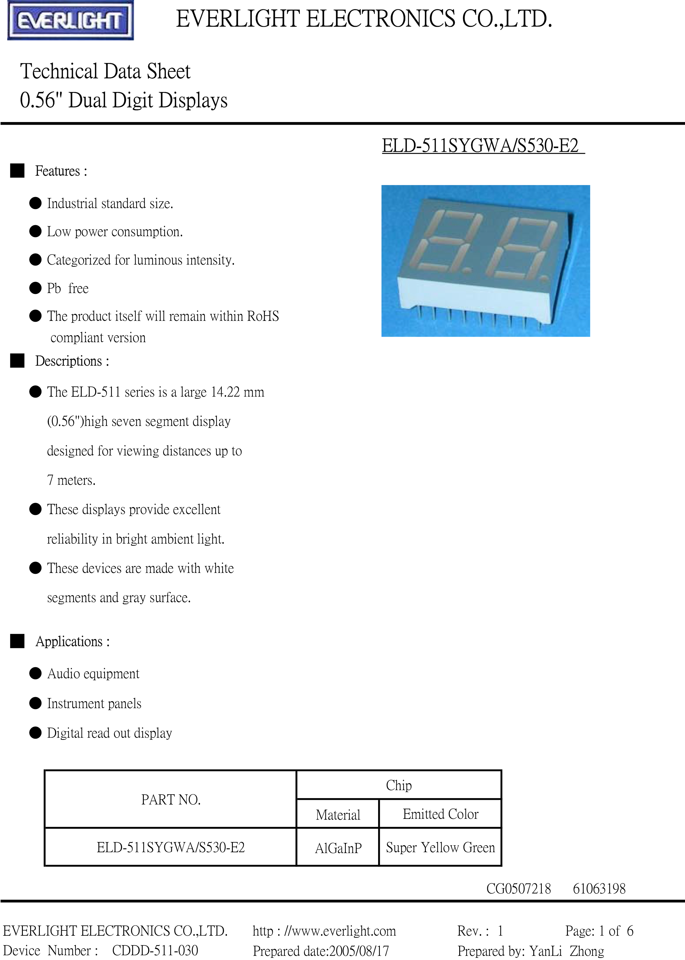 亿光直插单位数码管ELD-511SYGWA/S530-E2规格书PDF