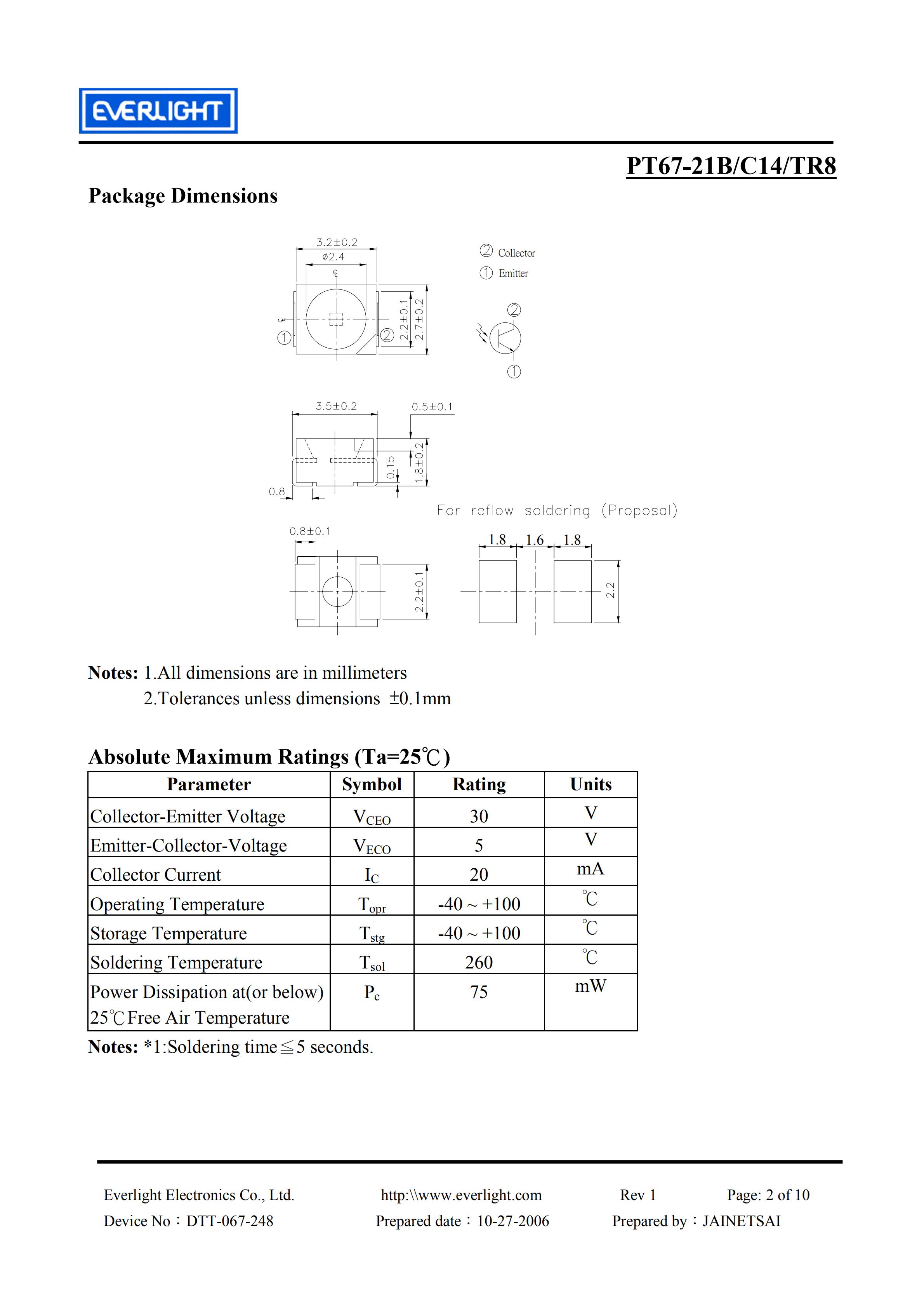 亿光贴片3528红外接收管PT67-21B/C14/TR8规格书PDF（数据表）