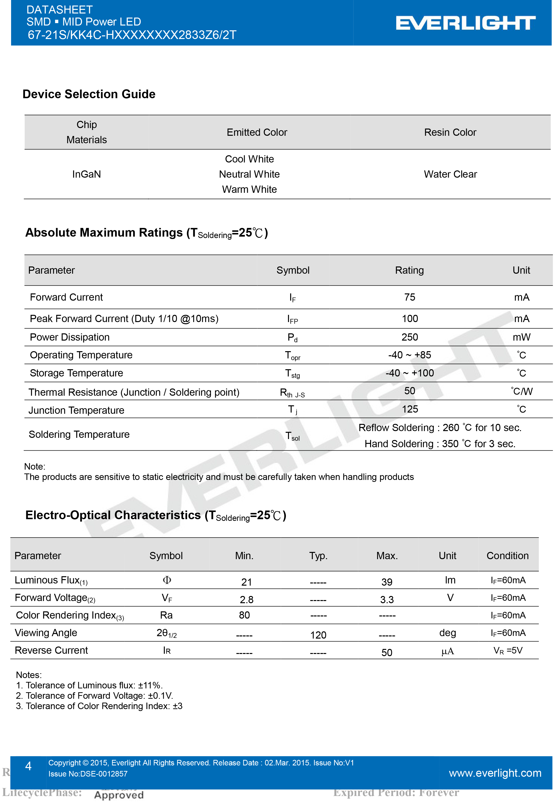 亿光贴片LED2835灯珠67-21S/KK4C-H2727M4N42833Z6/2T规格书PDF（数据表）