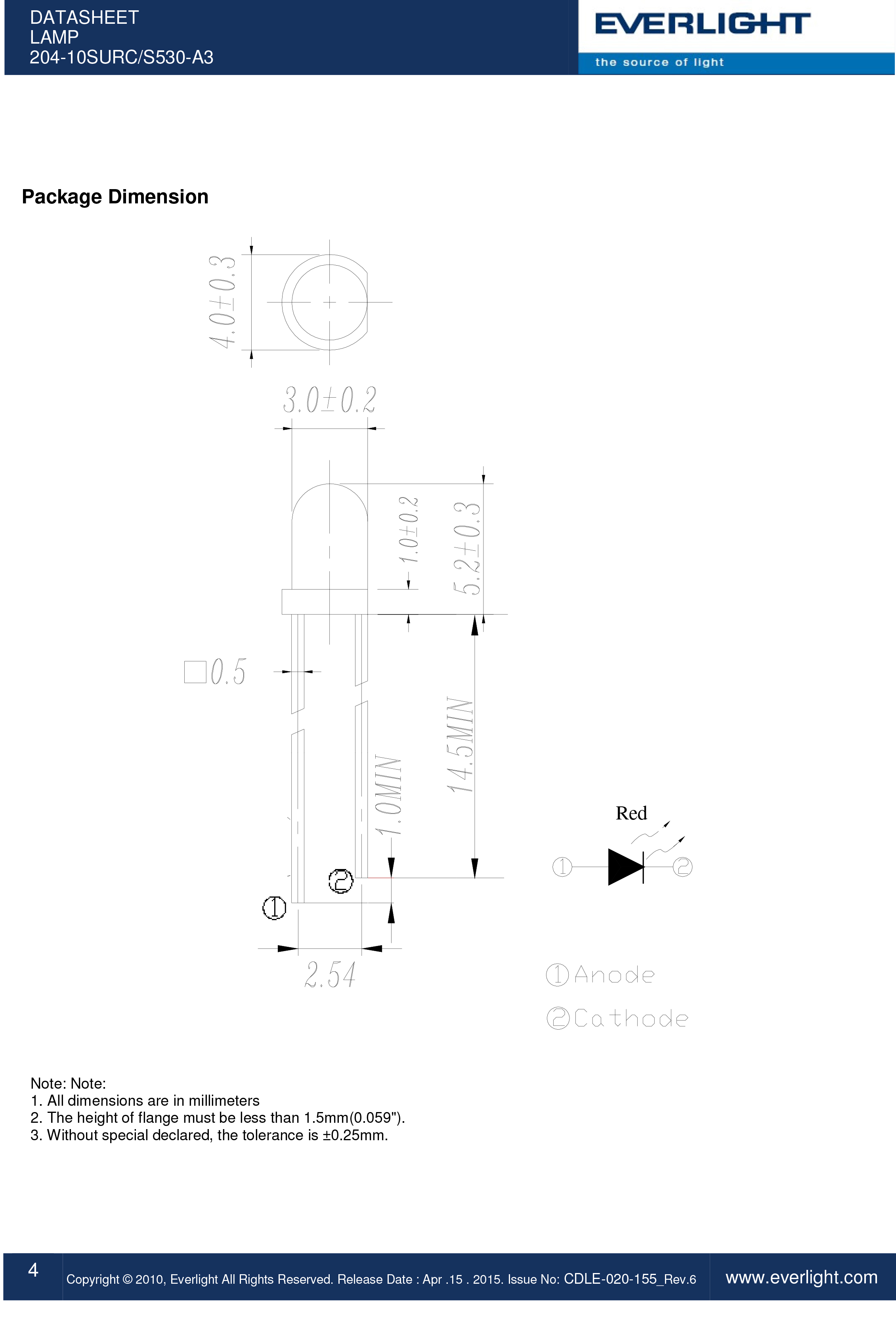 亿光直插3mm发光二级管204-10SURC/S530-A3规格书PDF（数据表）