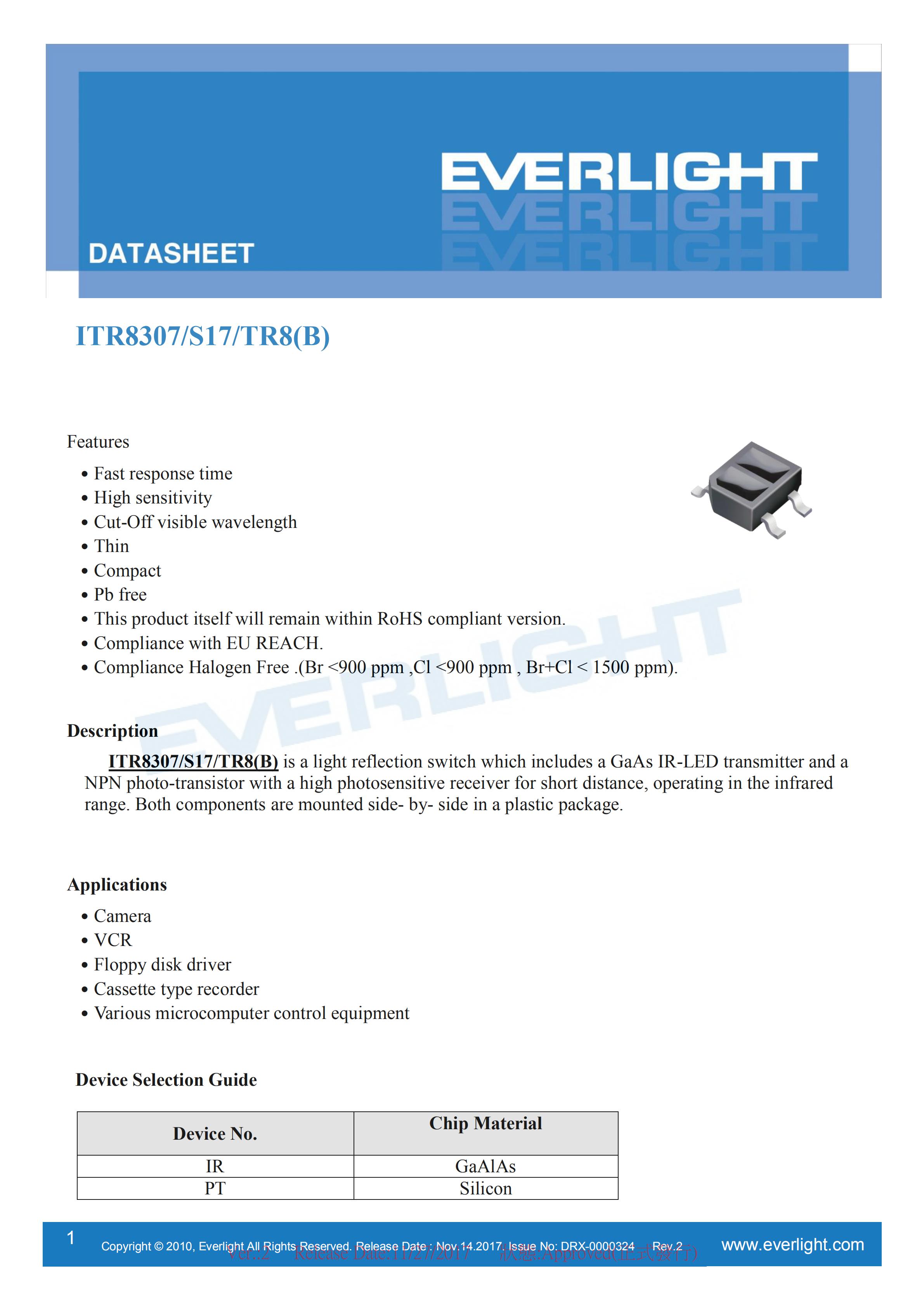 亿光贴片式光电开关ITR8307/S17/TR8(B)光电传感器参数及规格书(PDF 数据表)