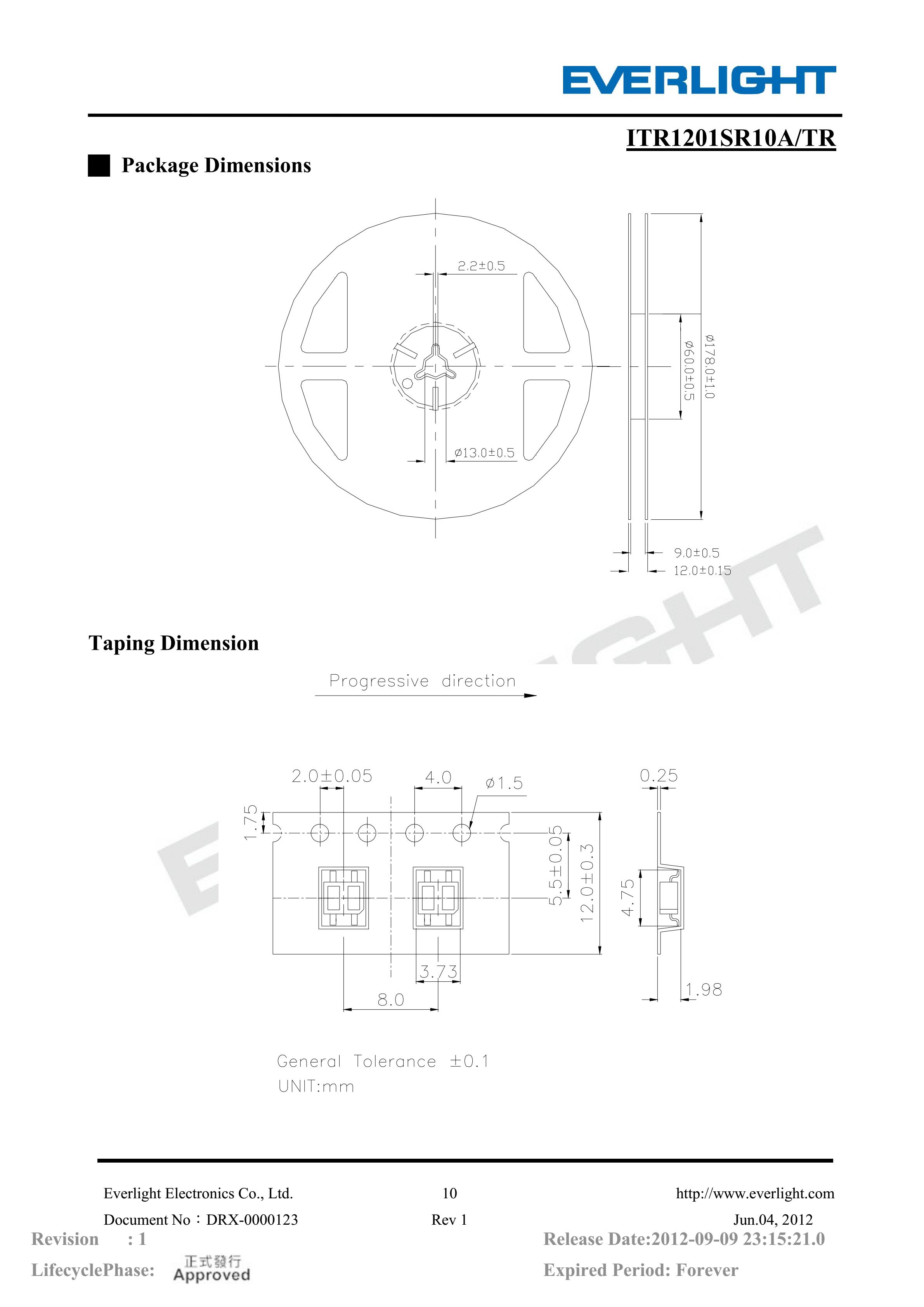 亿光贴片反射式光电开关ITR1201SR10A/TR参数及规格书(PDF 数据表)