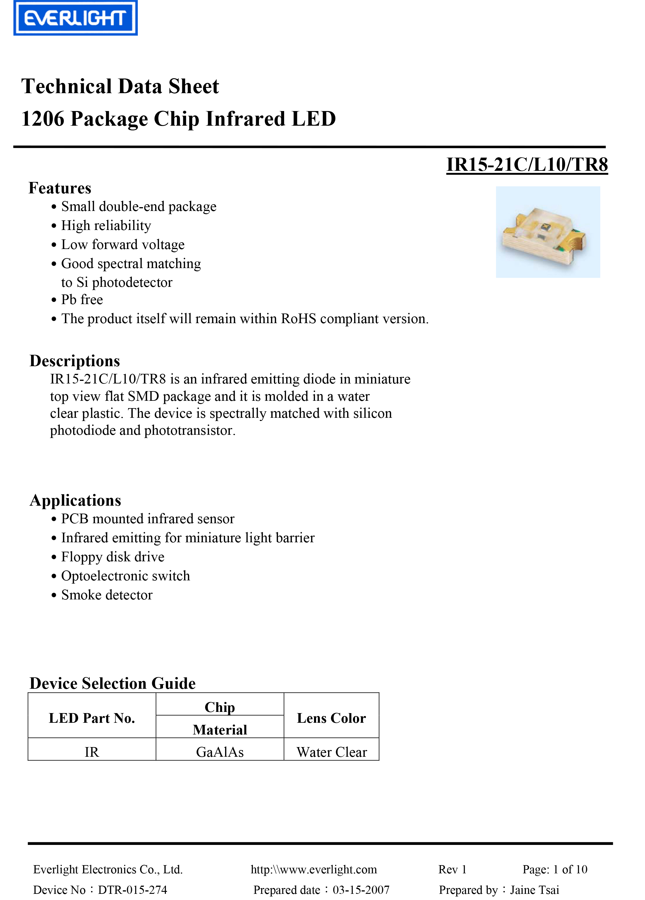 亿光贴片1206红外发射管IR15-21C/L10/TR8规格书PDF