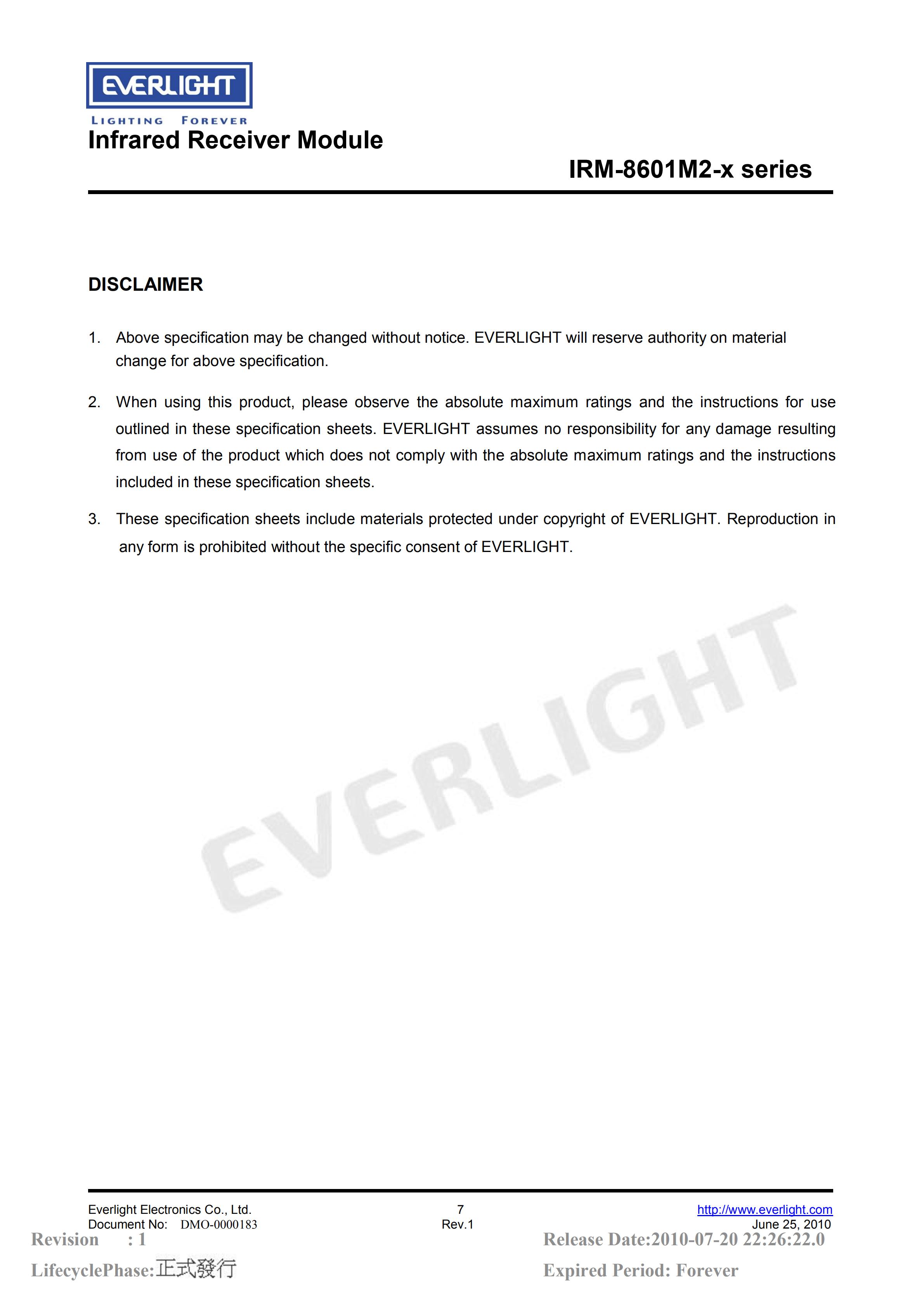 亿光直插红外接收头IRM-8601M2 38kHz规格书PDF（数据表）