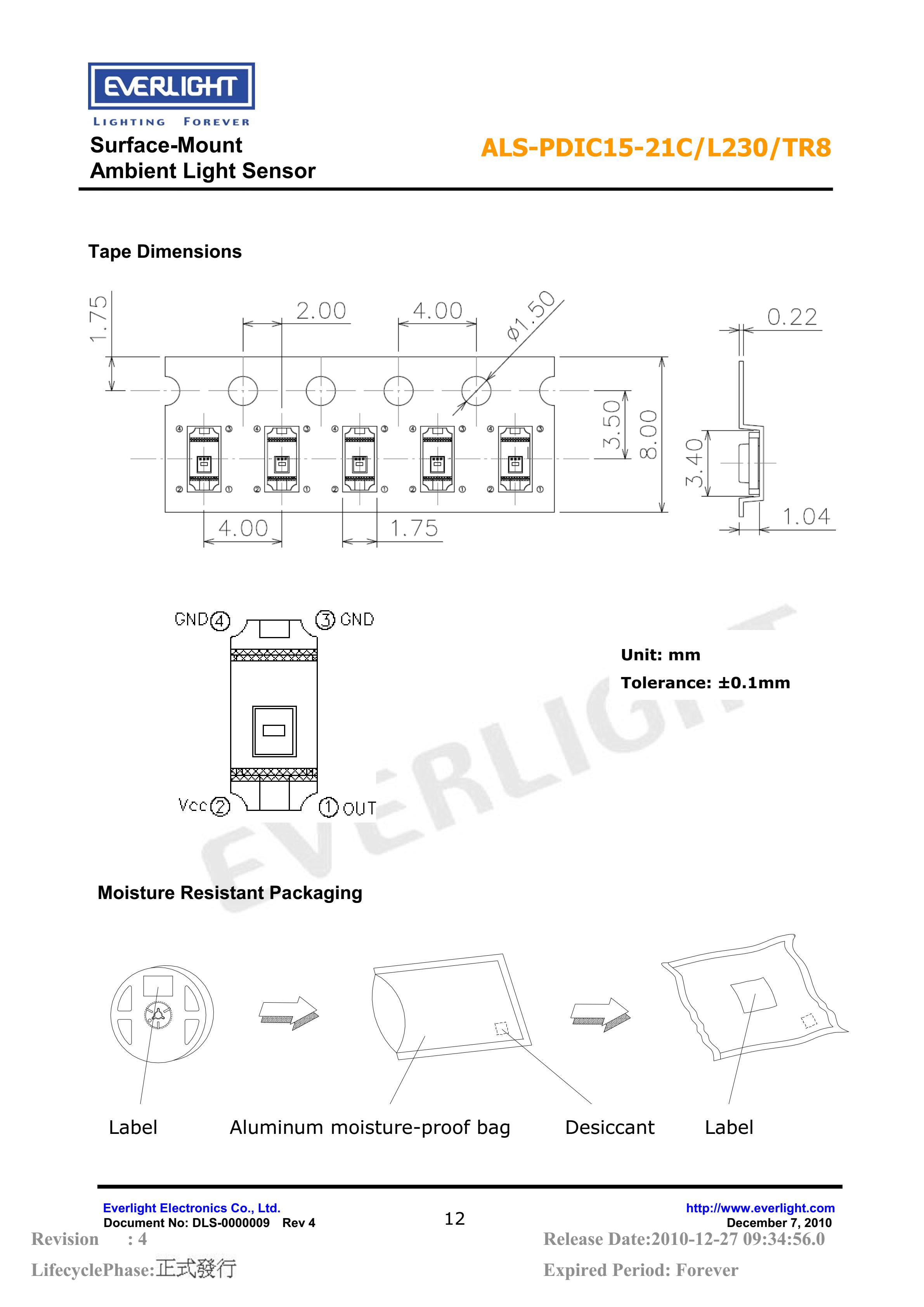 亿光贴片1206环境光传感器ALS-PDIC15-21C/L230/TR8规格书（数据表PDF）