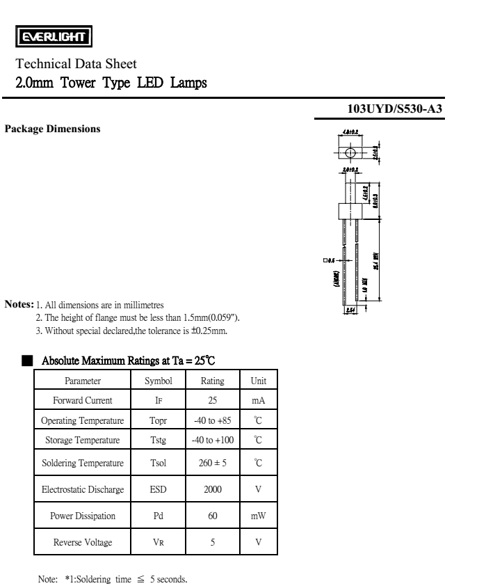 亿光直插2mm发光二极管103UYD-S530-A3数据表