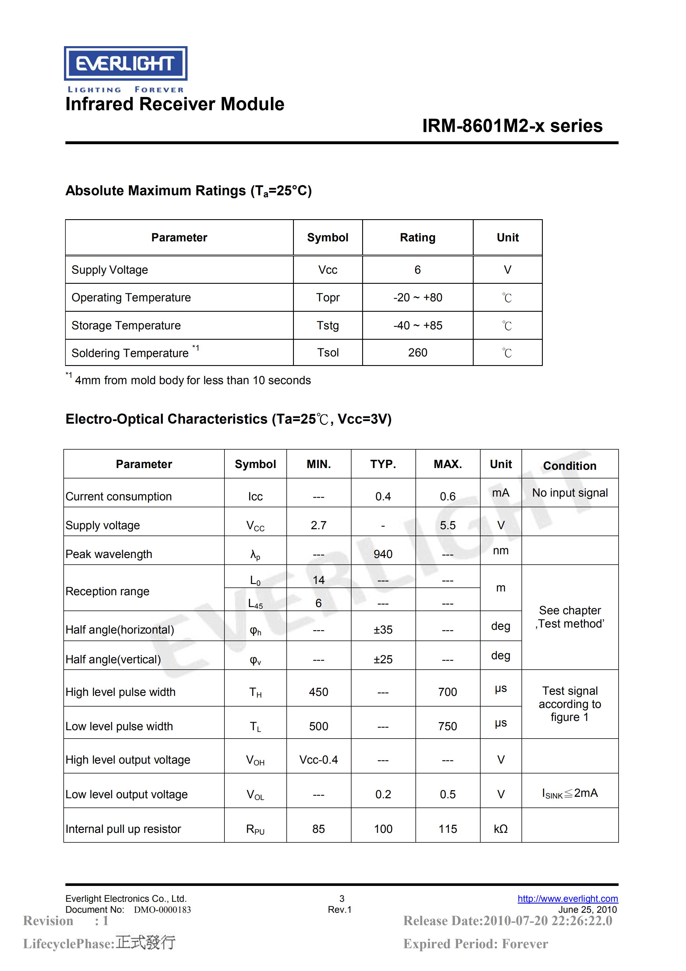 亿光直插红外接收头IRM-8601M2 38kHz规格书PDF（数据表）