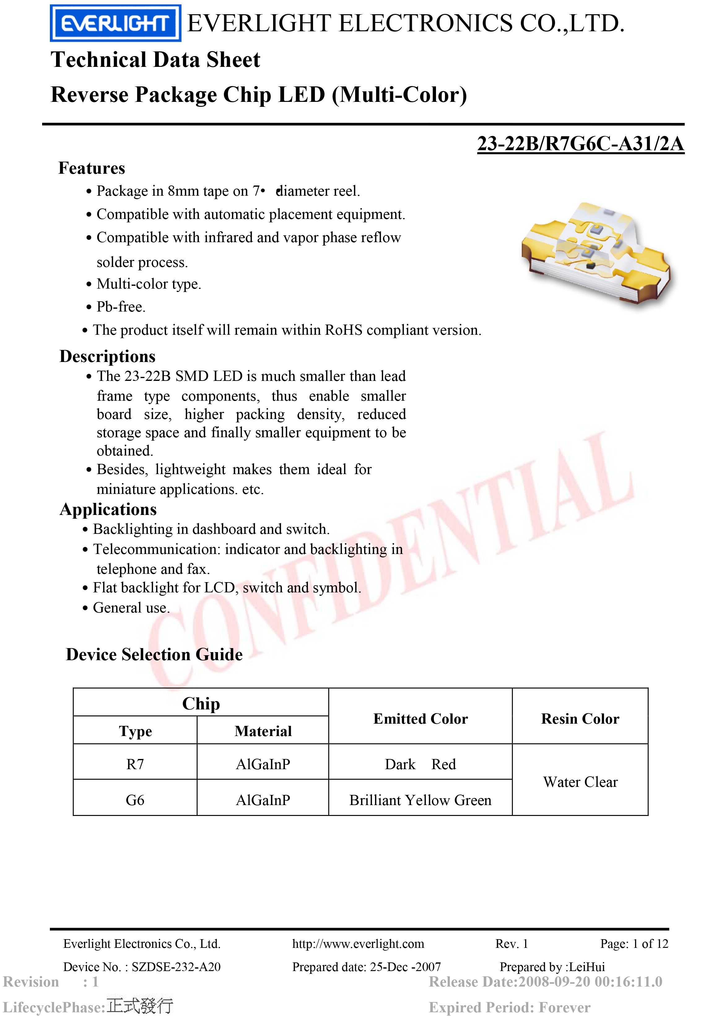  亿光贴片1206反向双色灯珠23-22B/R7G6C-A31/2A规格书