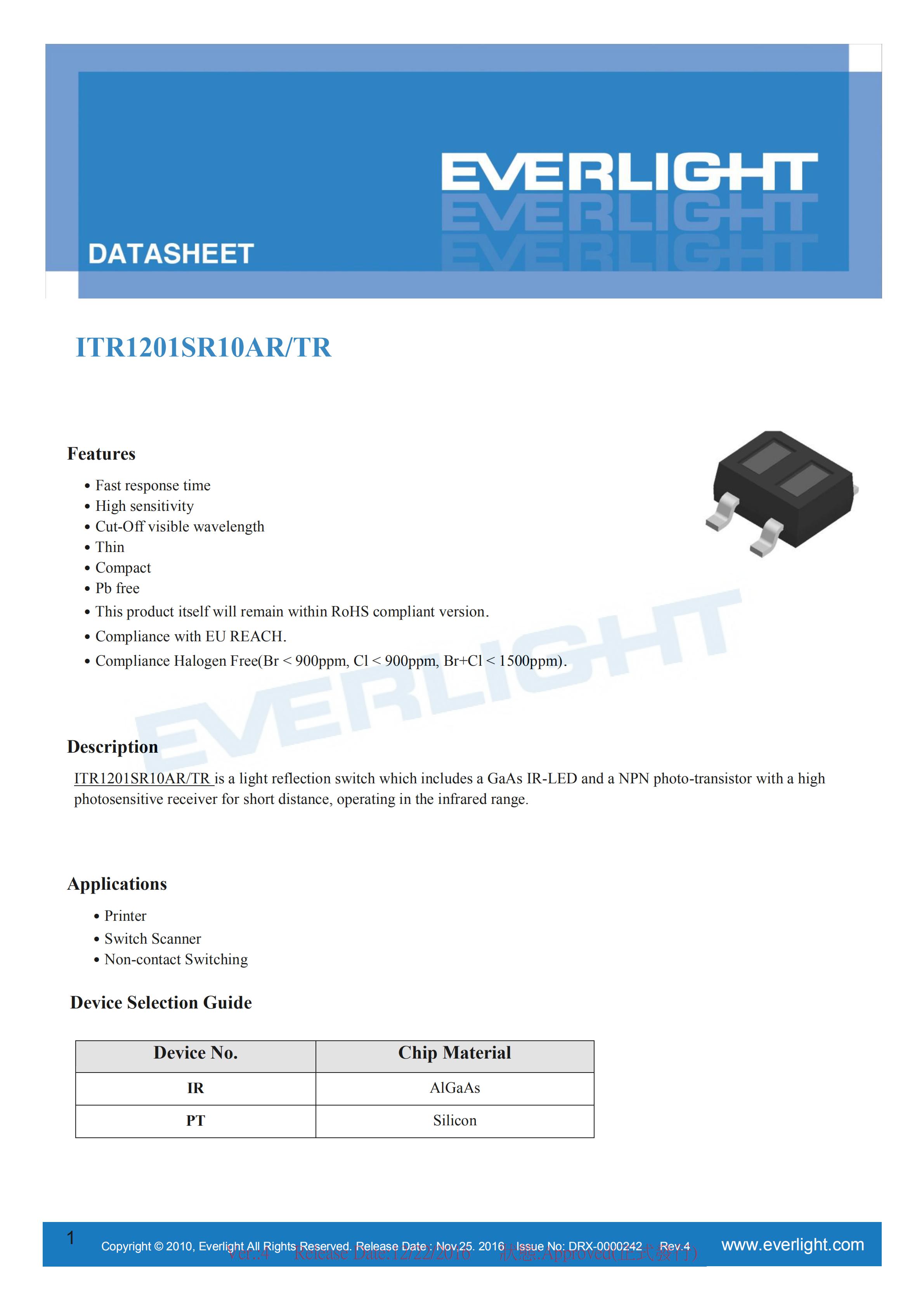 亿光贴片反射式光电开关ITR1201SR10AR/TR参数及规格书(PDF 数据表)