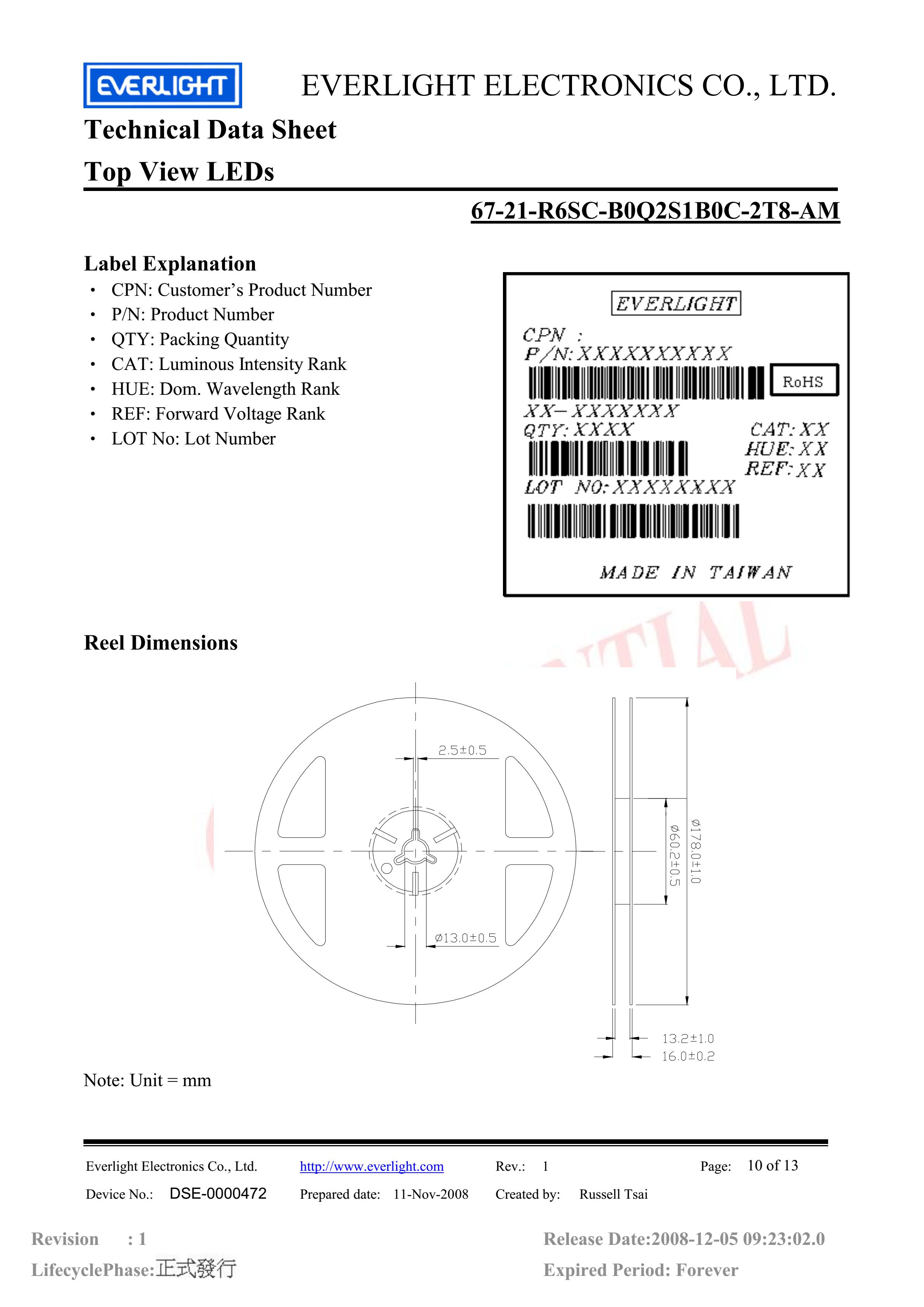 亿光贴片3528汽车专用灯珠67-21-R6SC-B0Q2S1B0C-2T8-AM红光规格书PDF（数据表）