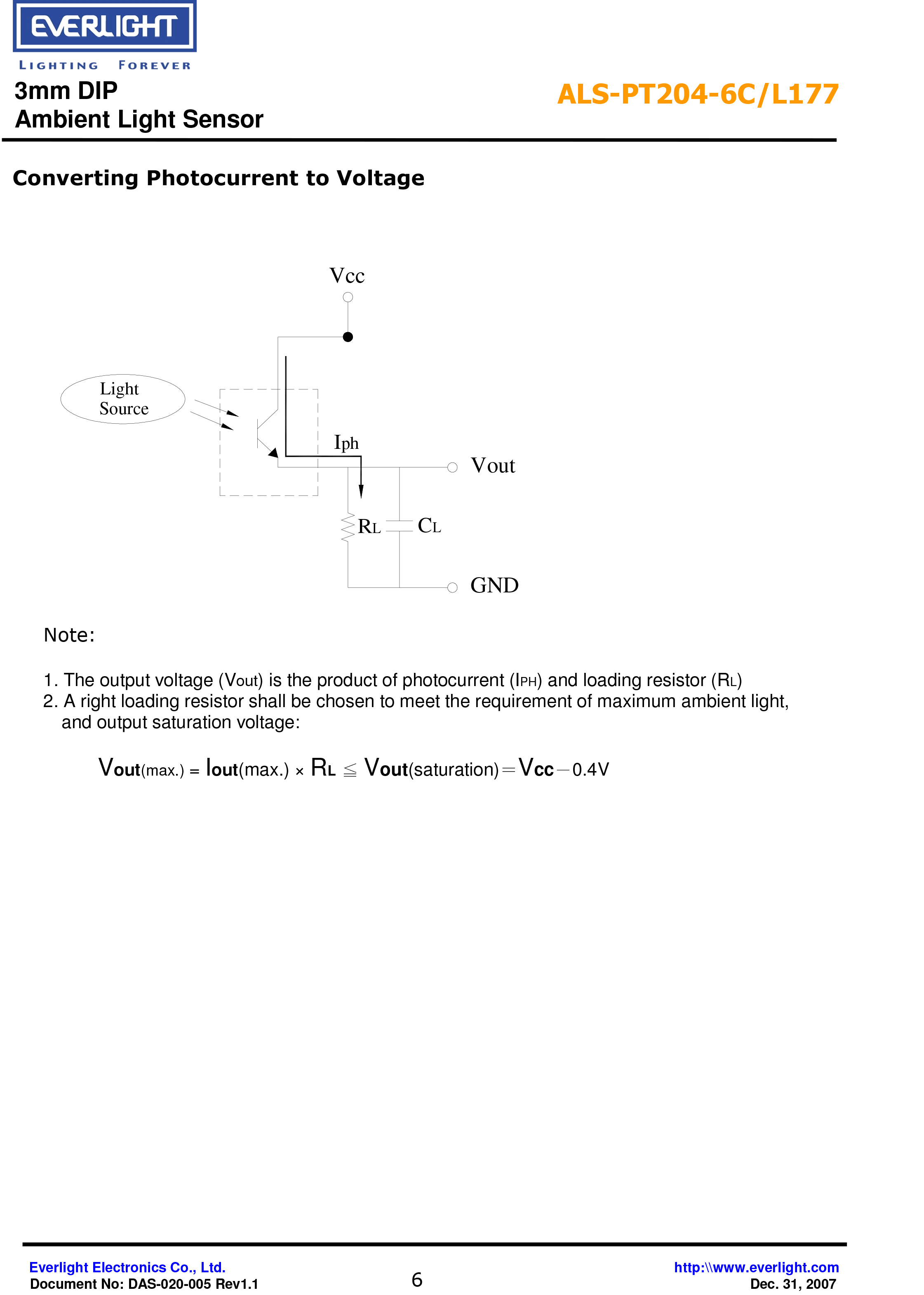 亿光直插3mm环境光传感器ALS-PT204-6C-L177规格书（数据表PDF）