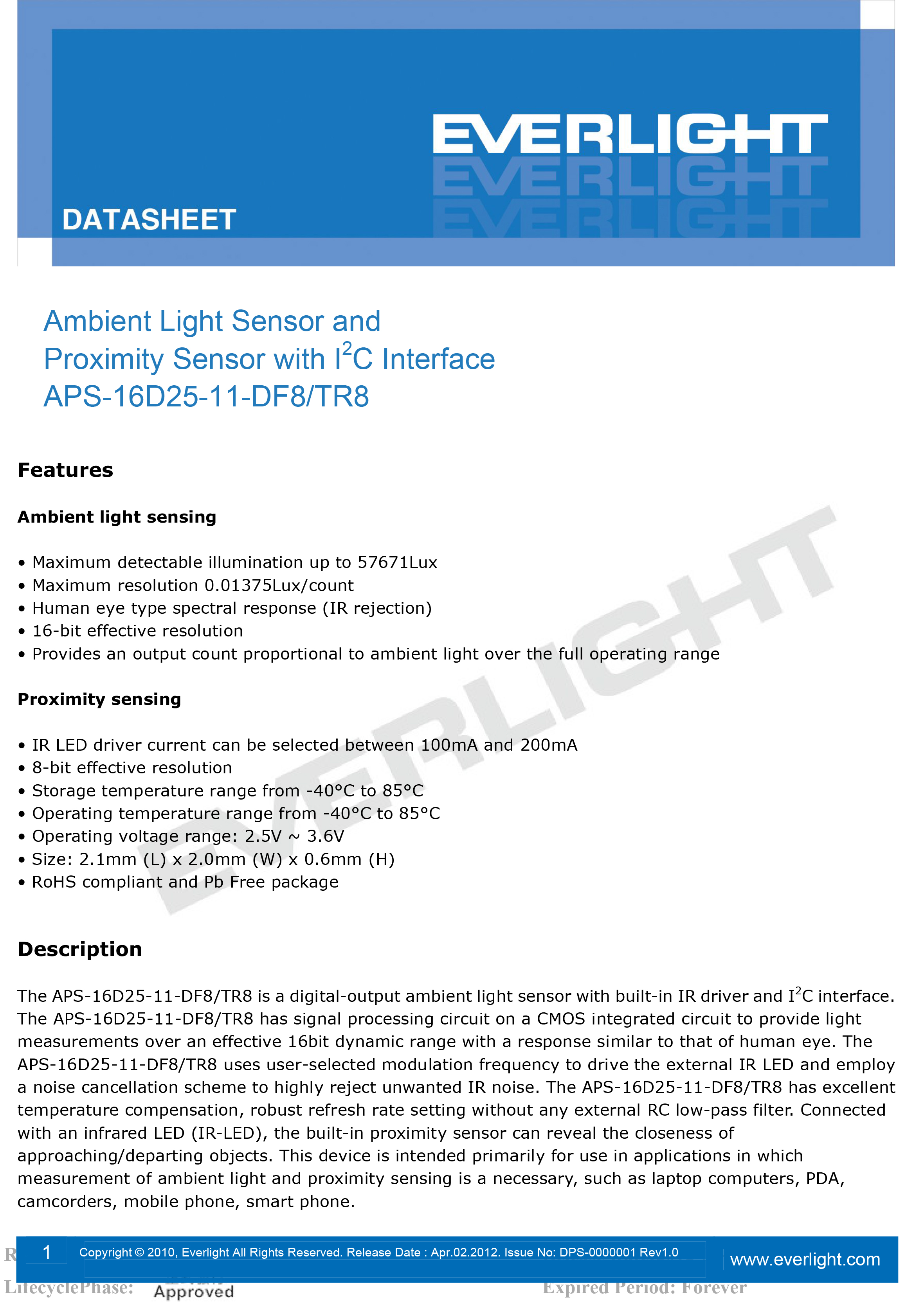 亿光接近式传感器APS-16D25-11/DF8规格书PDF