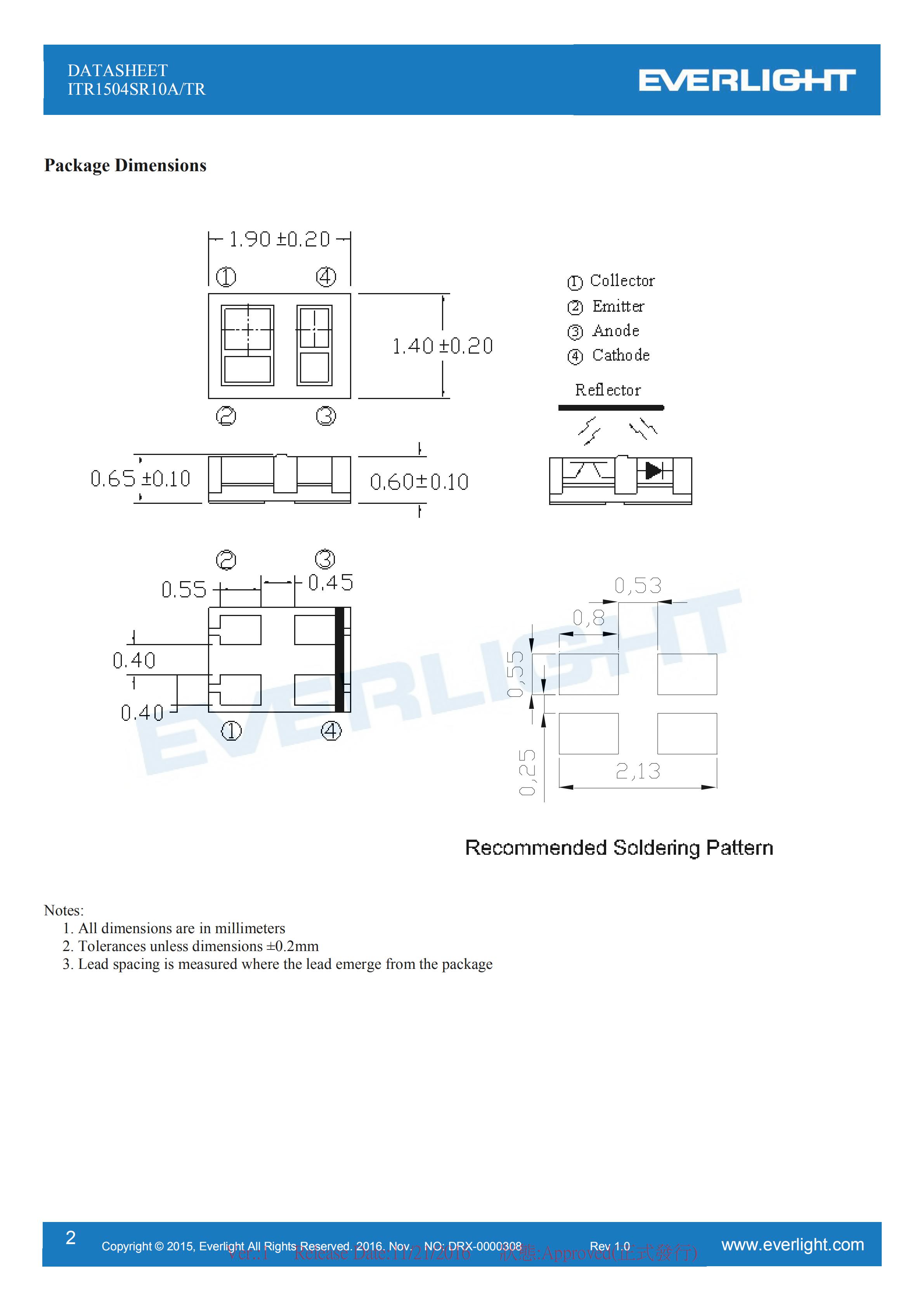 亿光ITR1504SR10A/TR贴片反射式光电开关参数及规格书(PDF 数据表)