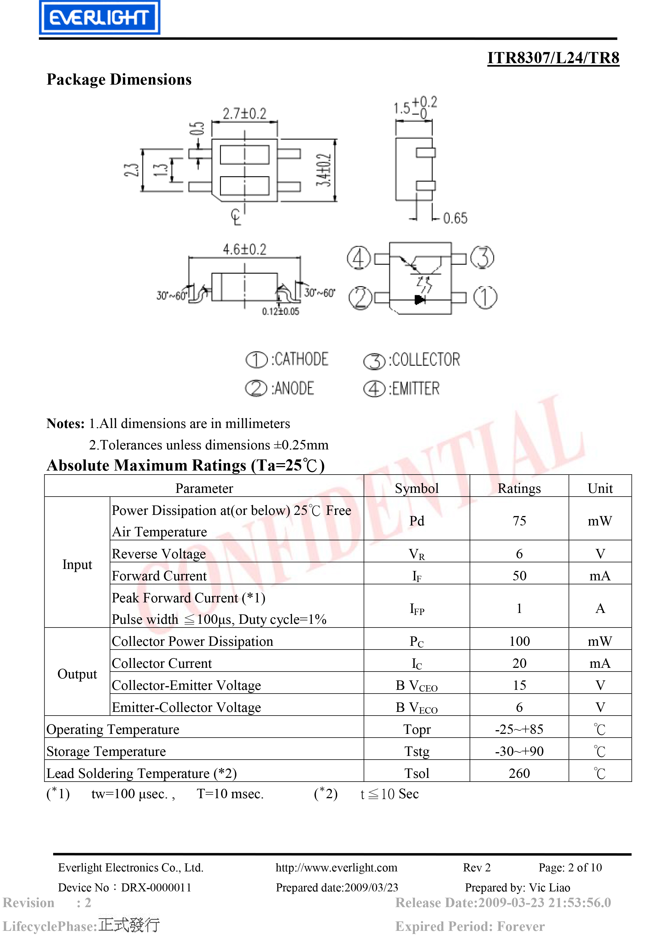 亿光贴片反射式光电开关ITR8307-L24/TR8规格书PDF 数据表