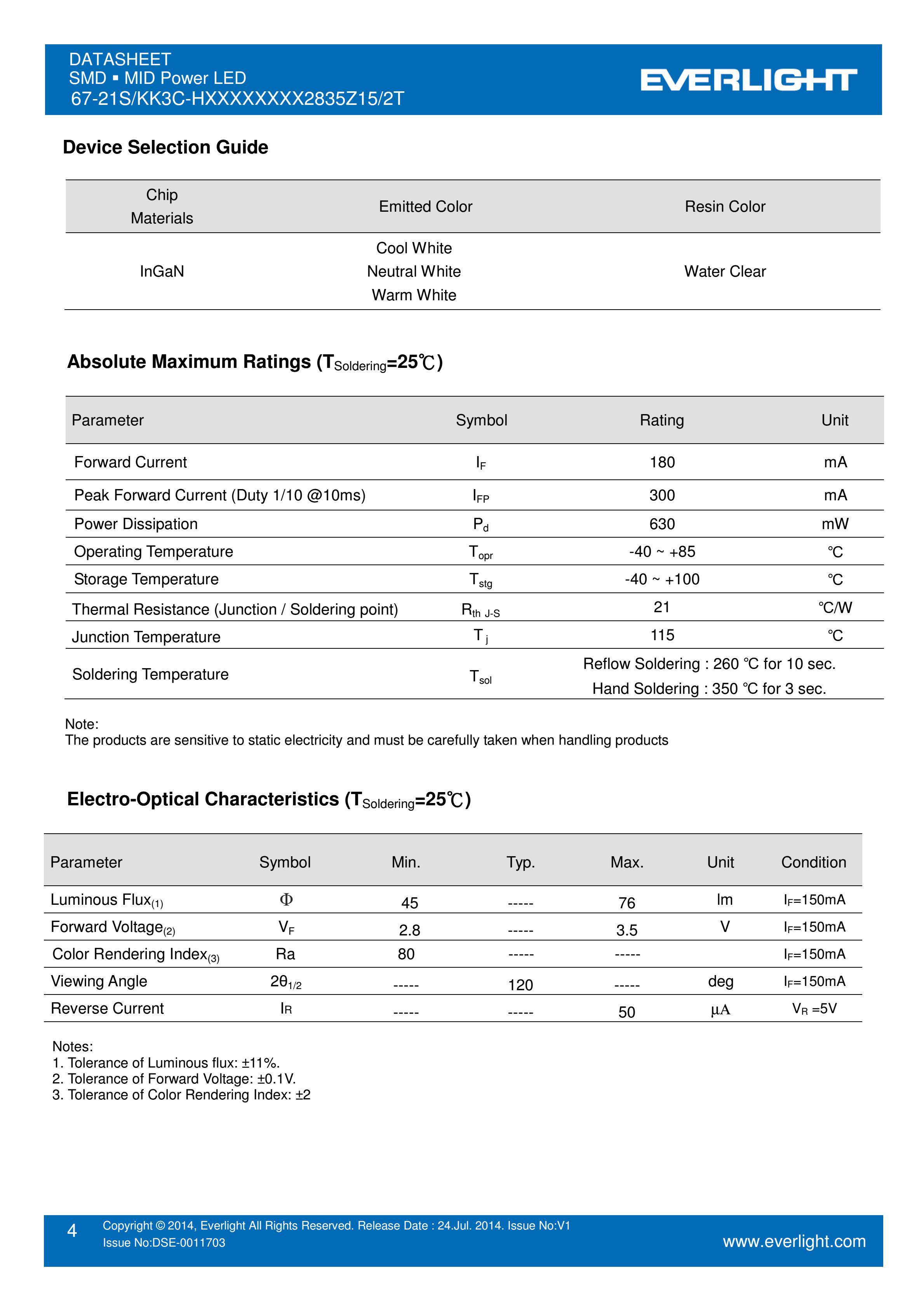 亿光贴片2835灯珠67-21S/KK3C-H5050R2R52835Z15/2T 白光规格书PDF（数据表）