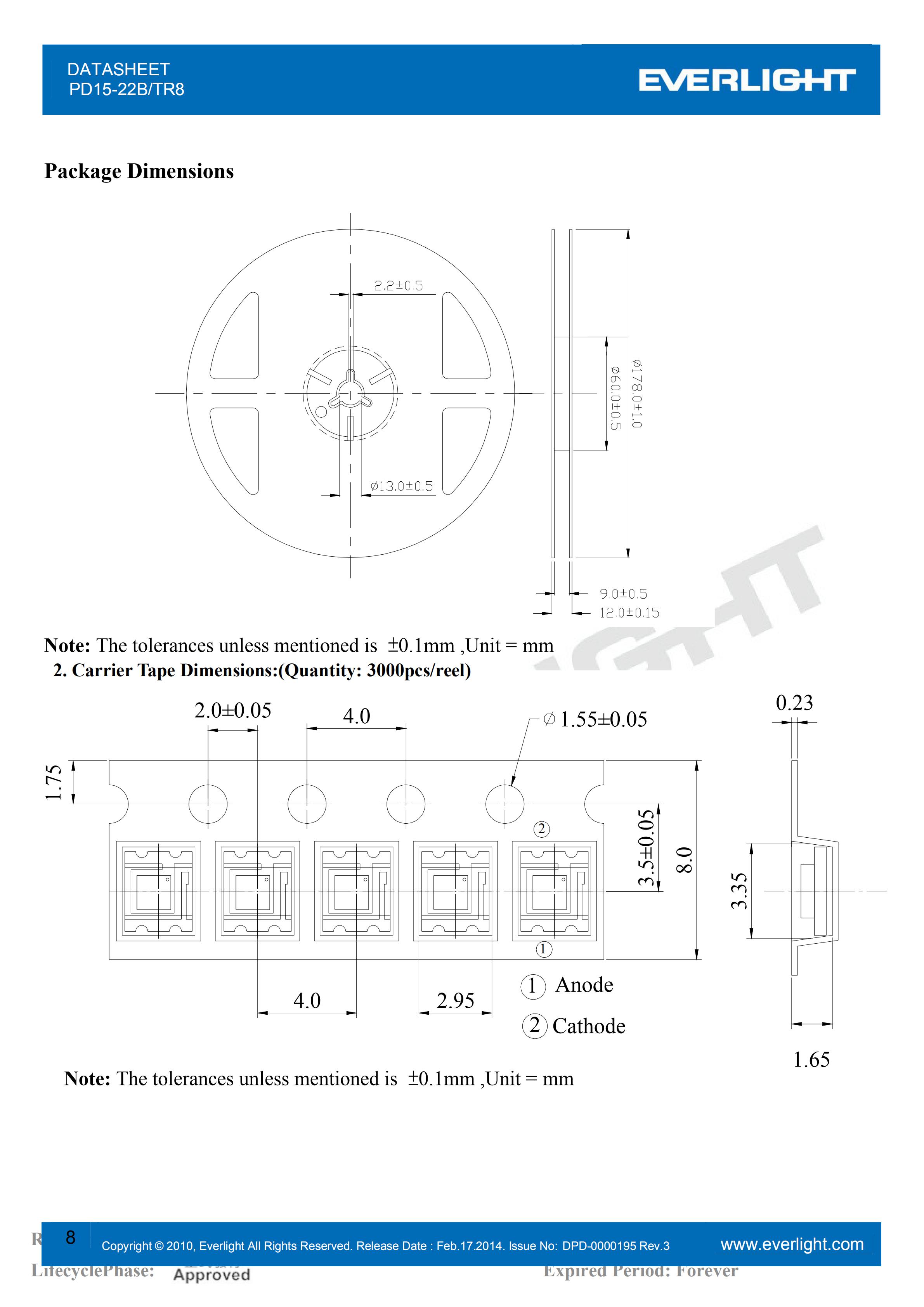 亿光贴片二极管红外接收管PD15-22B/TR8规格书PDF（数据表）