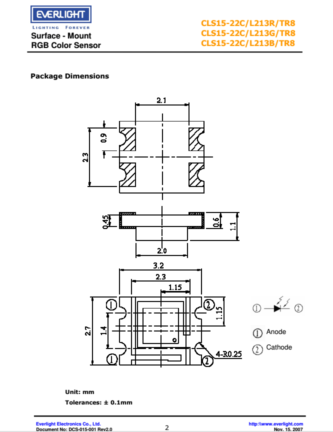 亿光贴片颜色传感器CLS15-22C/L213B/TR8规格书PDF