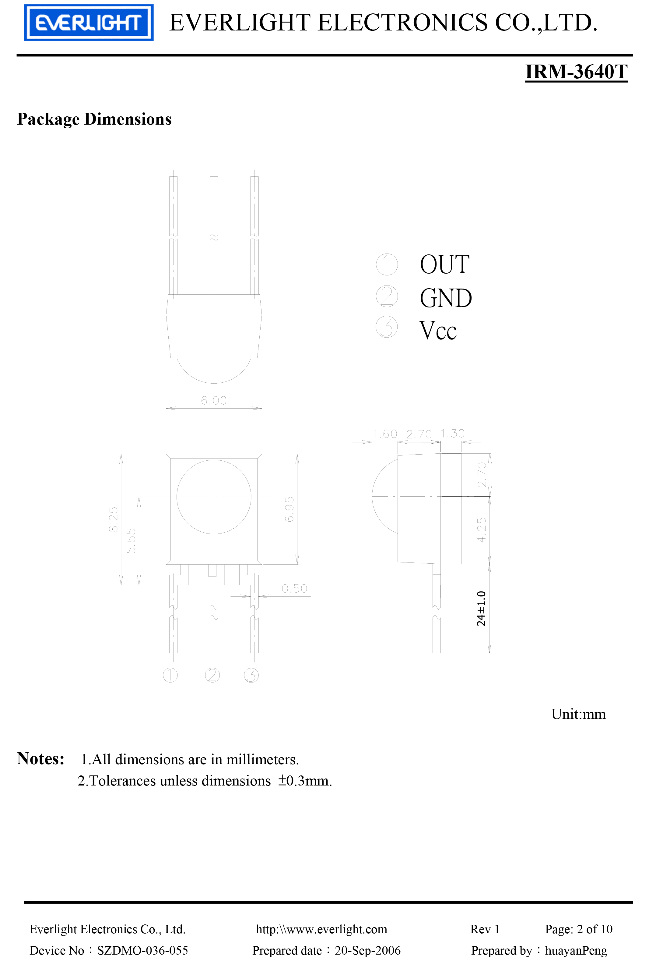 亿光直插红外接收头IRM-3640T规格书PDF