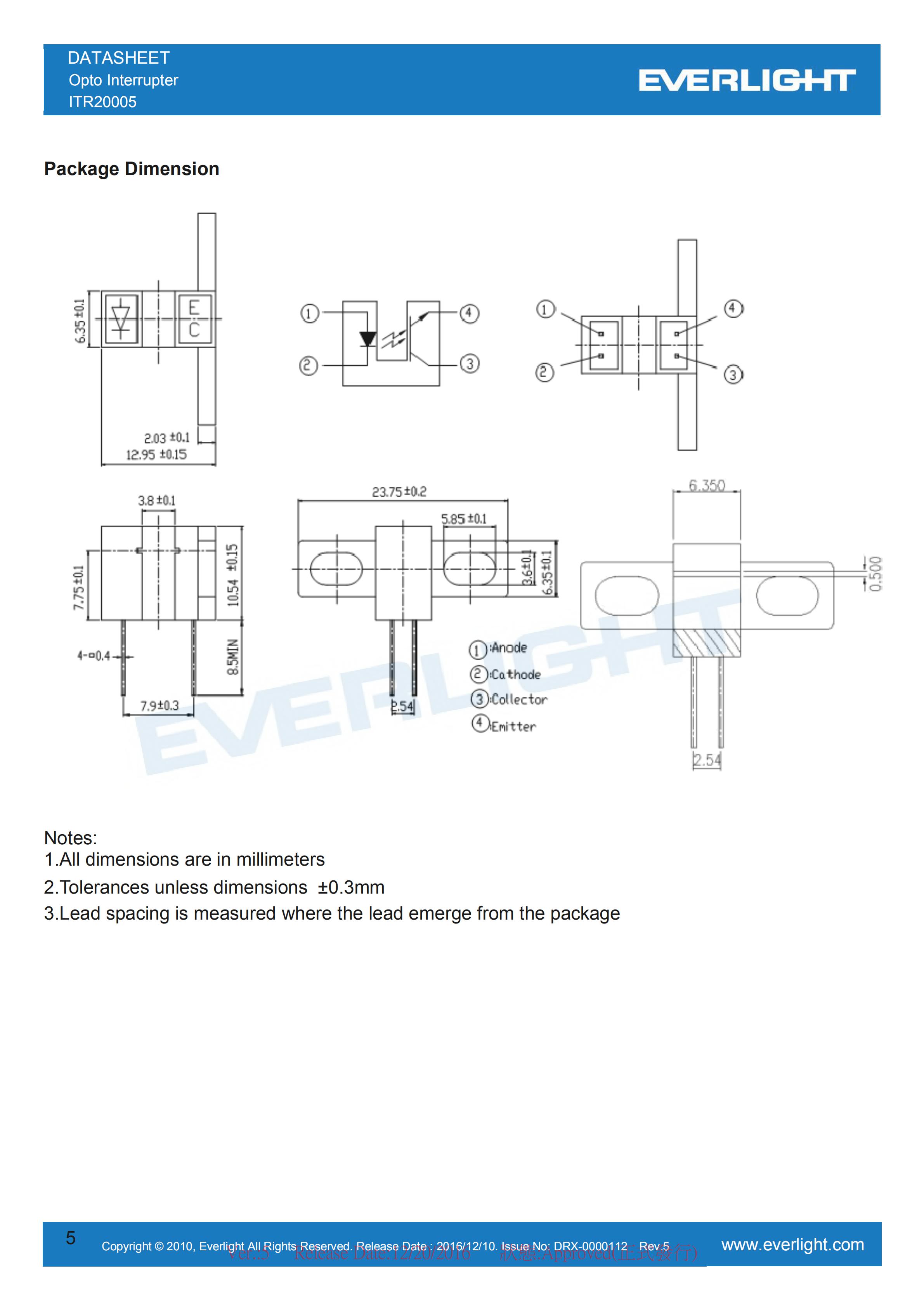 亿光槽型式光电开关ITR20005开关传感器参数及规格书(PDF 数据表)