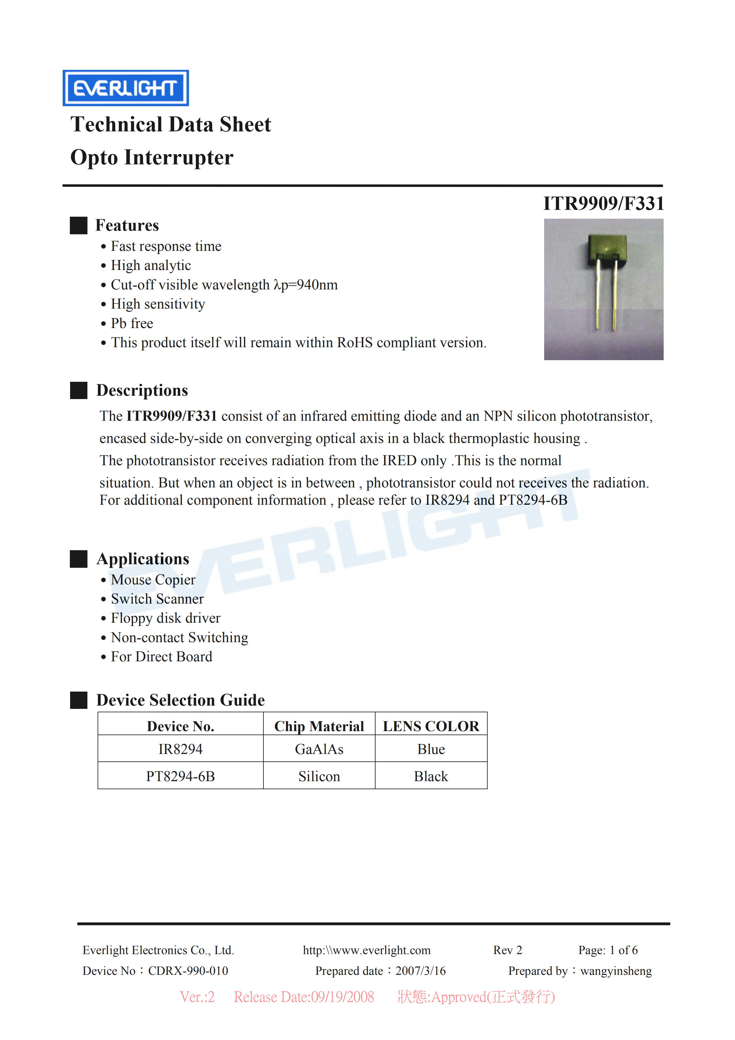 亿光反射式光电开关ITR9909-F331开关传感器参数及规格书(PDF 数据表)