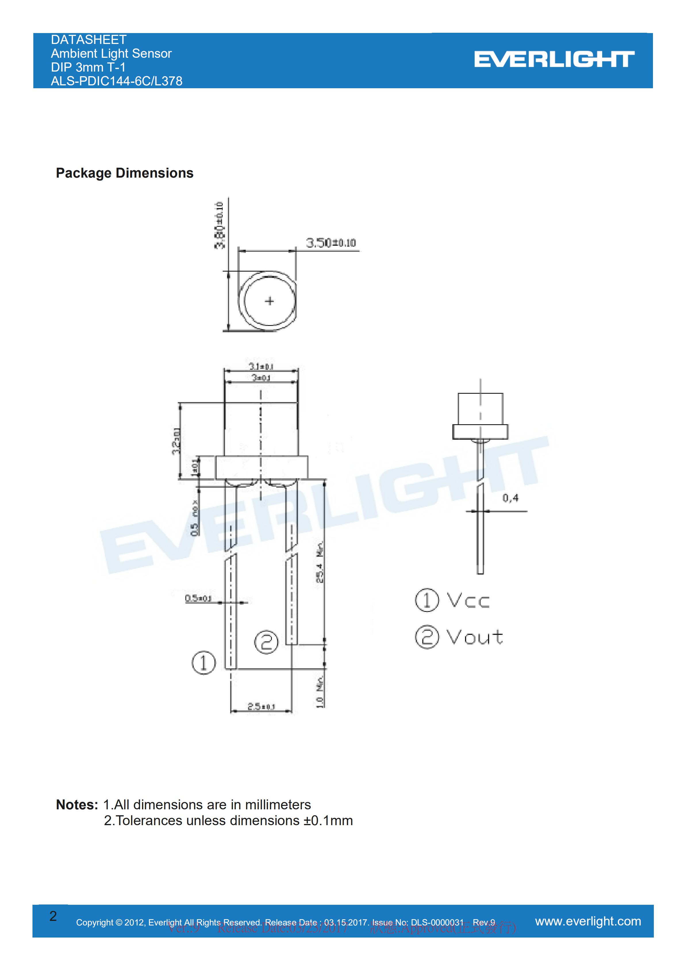 亿光直插环境光传感ALS-PDIC144-6C/L378规格书（数据表PDF）