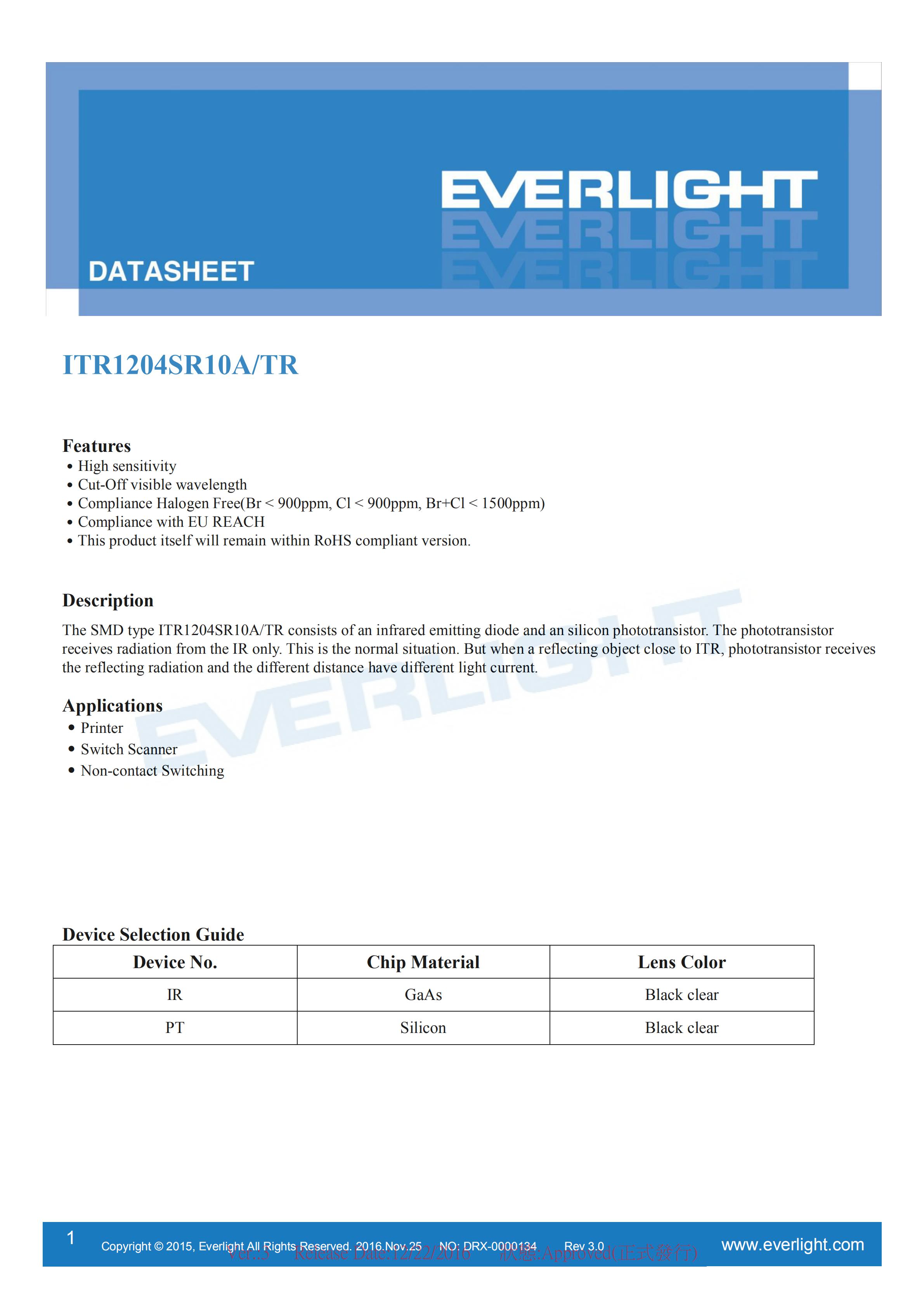 亿光反射式贴片光电开关ITR1204SR10A/TR参数及规格书(PDF 数据表)