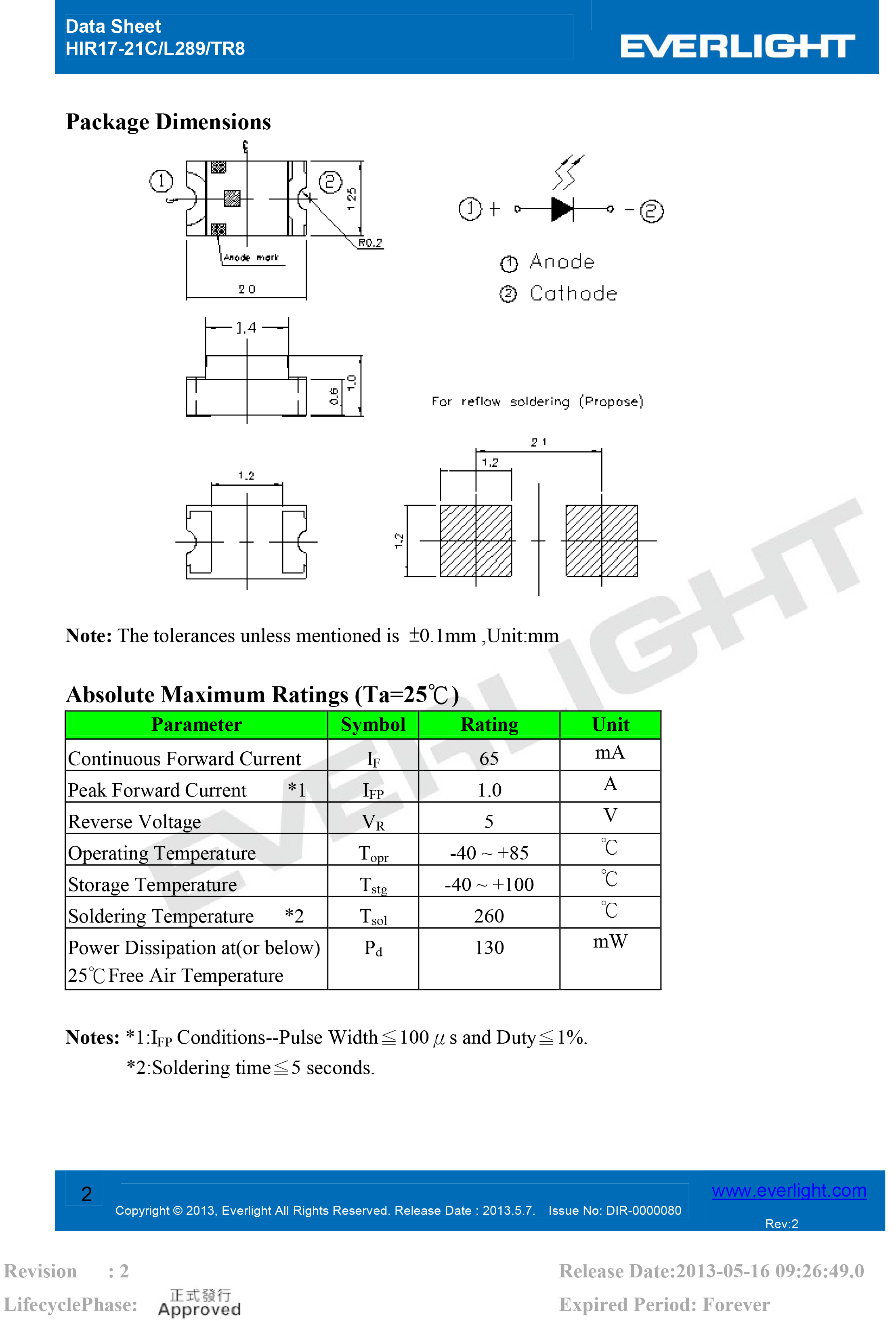 亿光贴片0805红外发射管HIR17-21C/L289/TR8规格书PDF