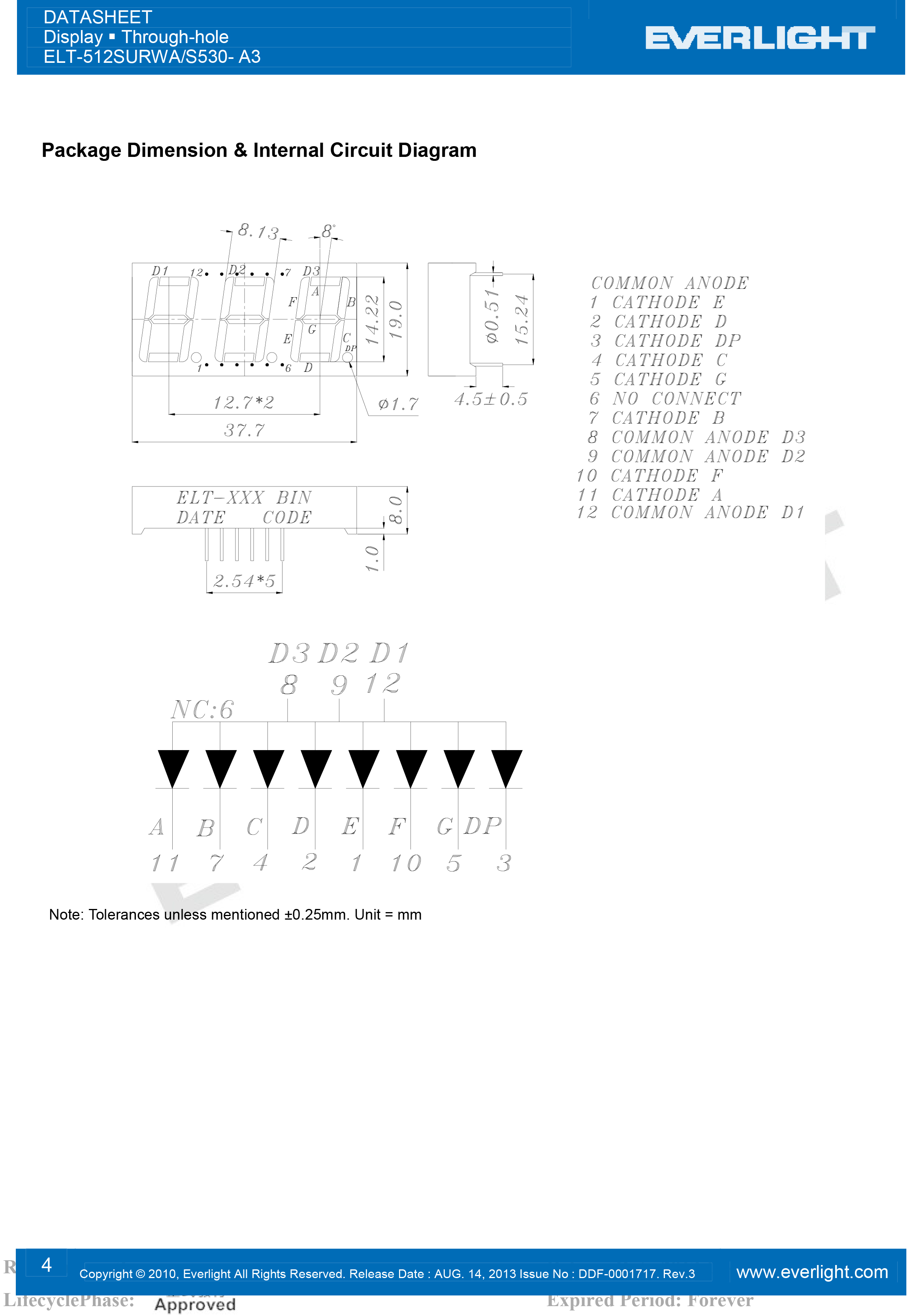 亿光三位直插数码管ELT-512SURWA/S530-A3规格书PDF