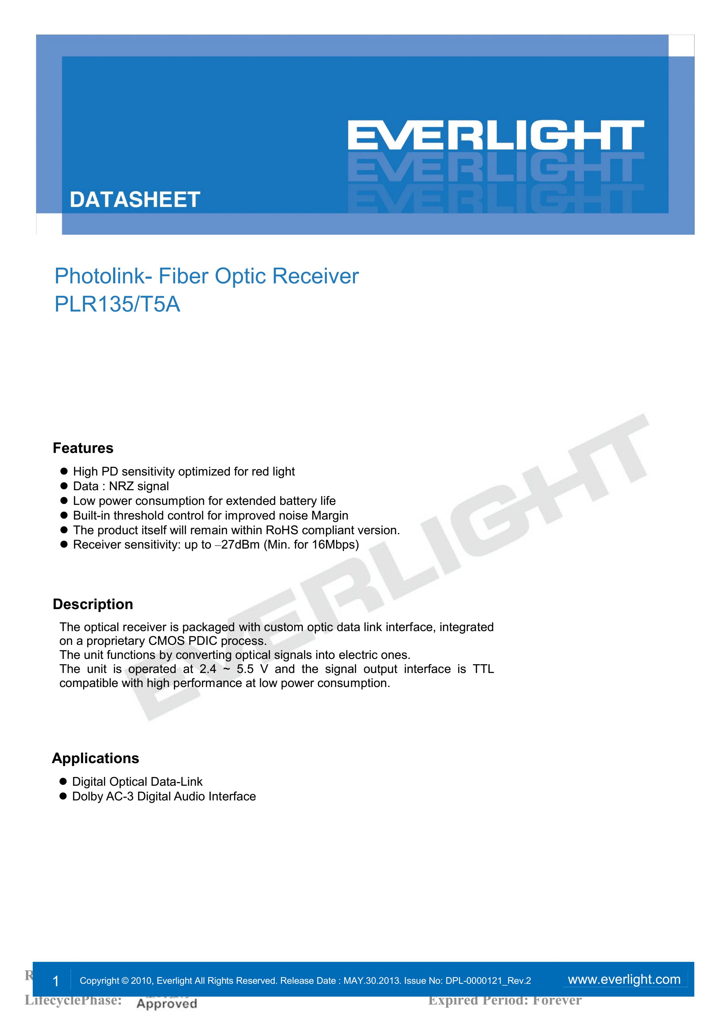 亿光光纤接收器PLR135/T5A传输器参数及规格书(PDF 数据表)
