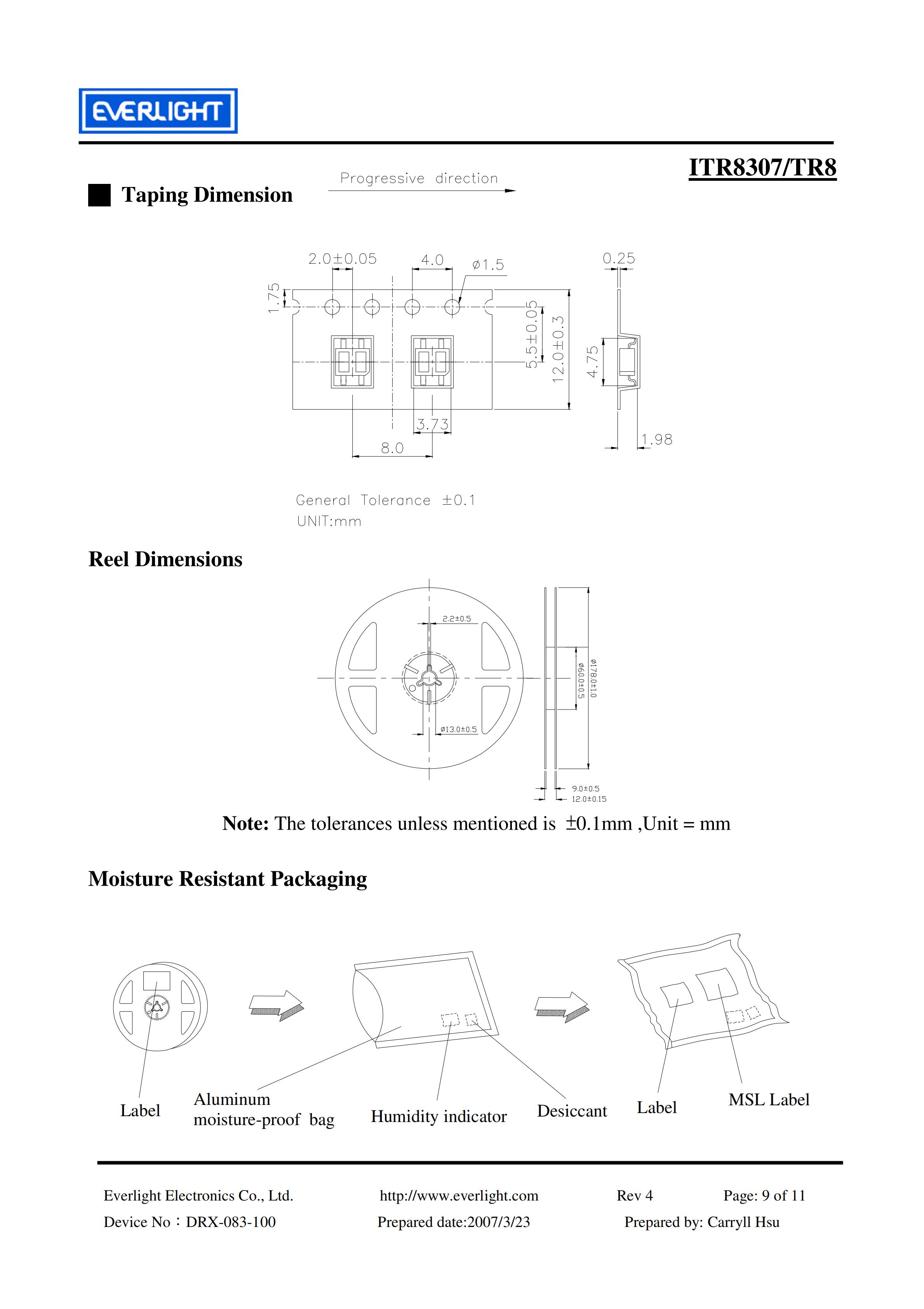 亿光反射式光电开关ITR8307/TR8开关传感器参数及规格书(PDF 数据表)