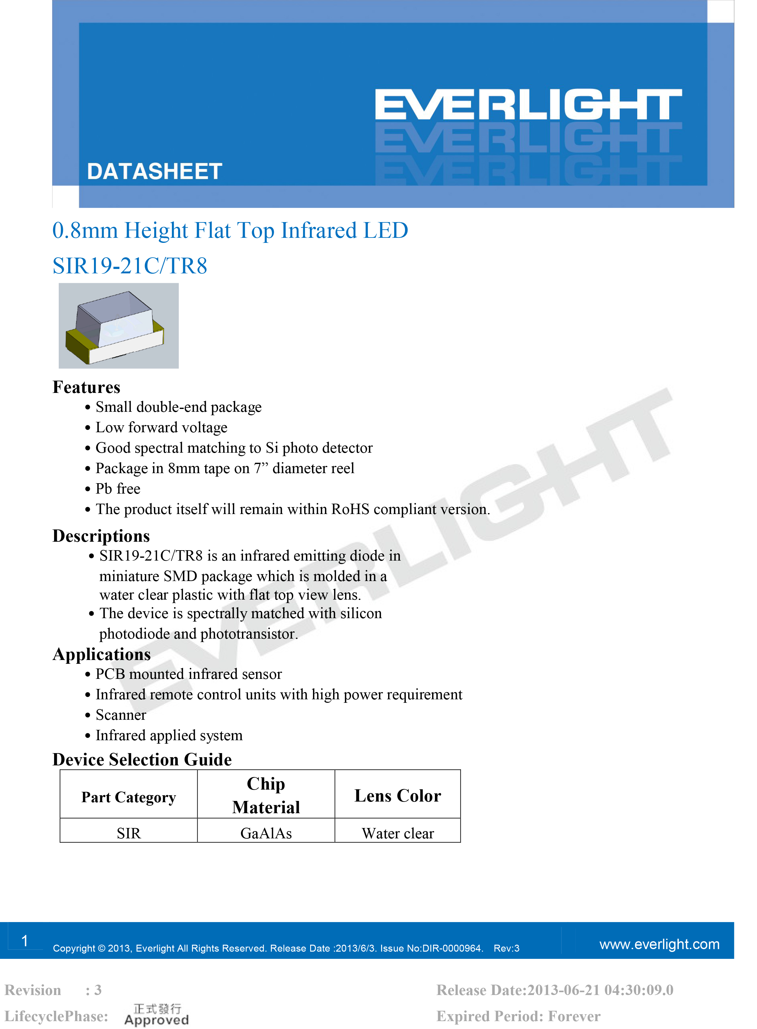 亿光贴片0603红外发射管875nm SIR19-21C/TR8规格书PDF