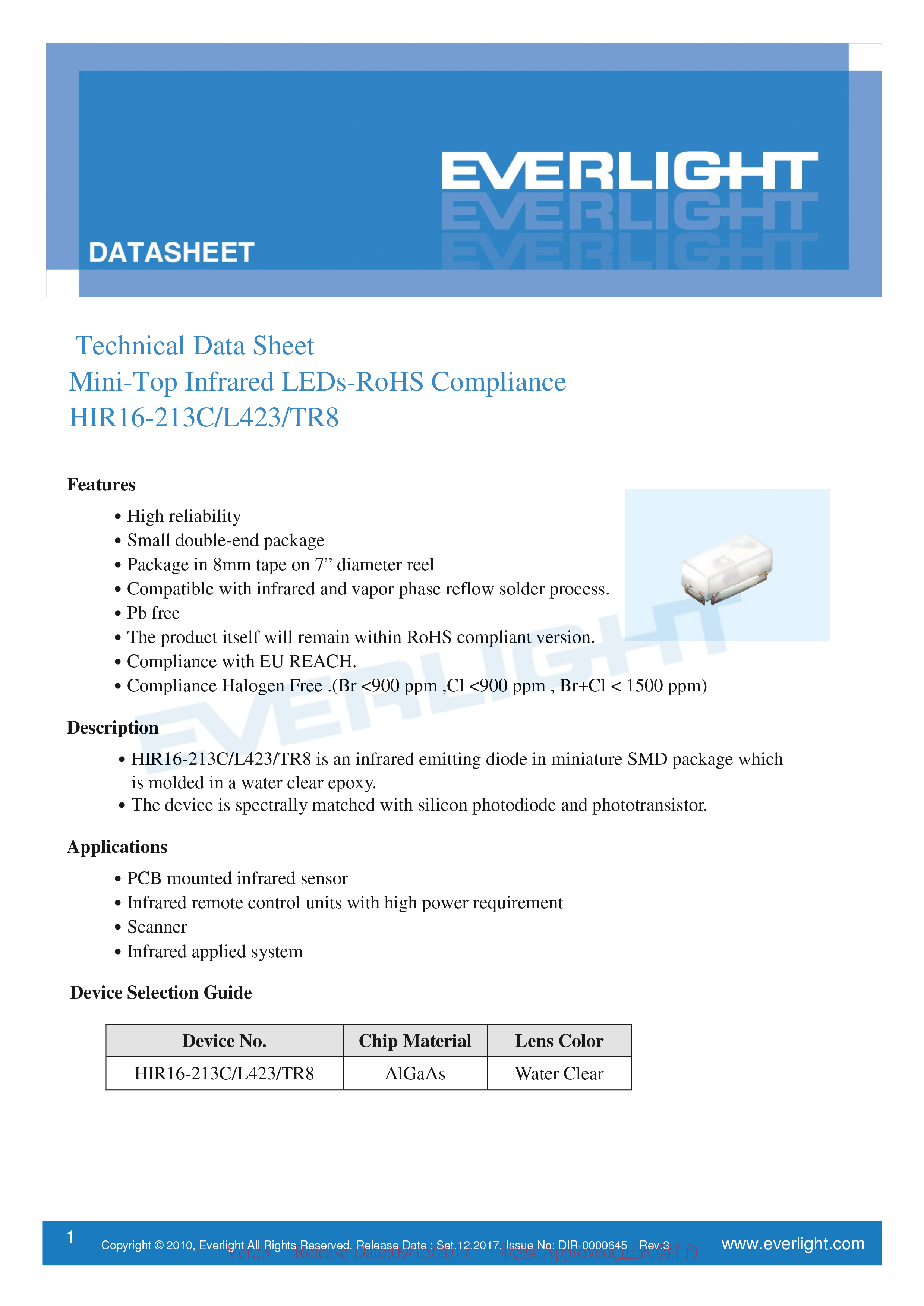 亿光贴片0402红外发射管HIR16-213C/L423/TR8规格书PDF