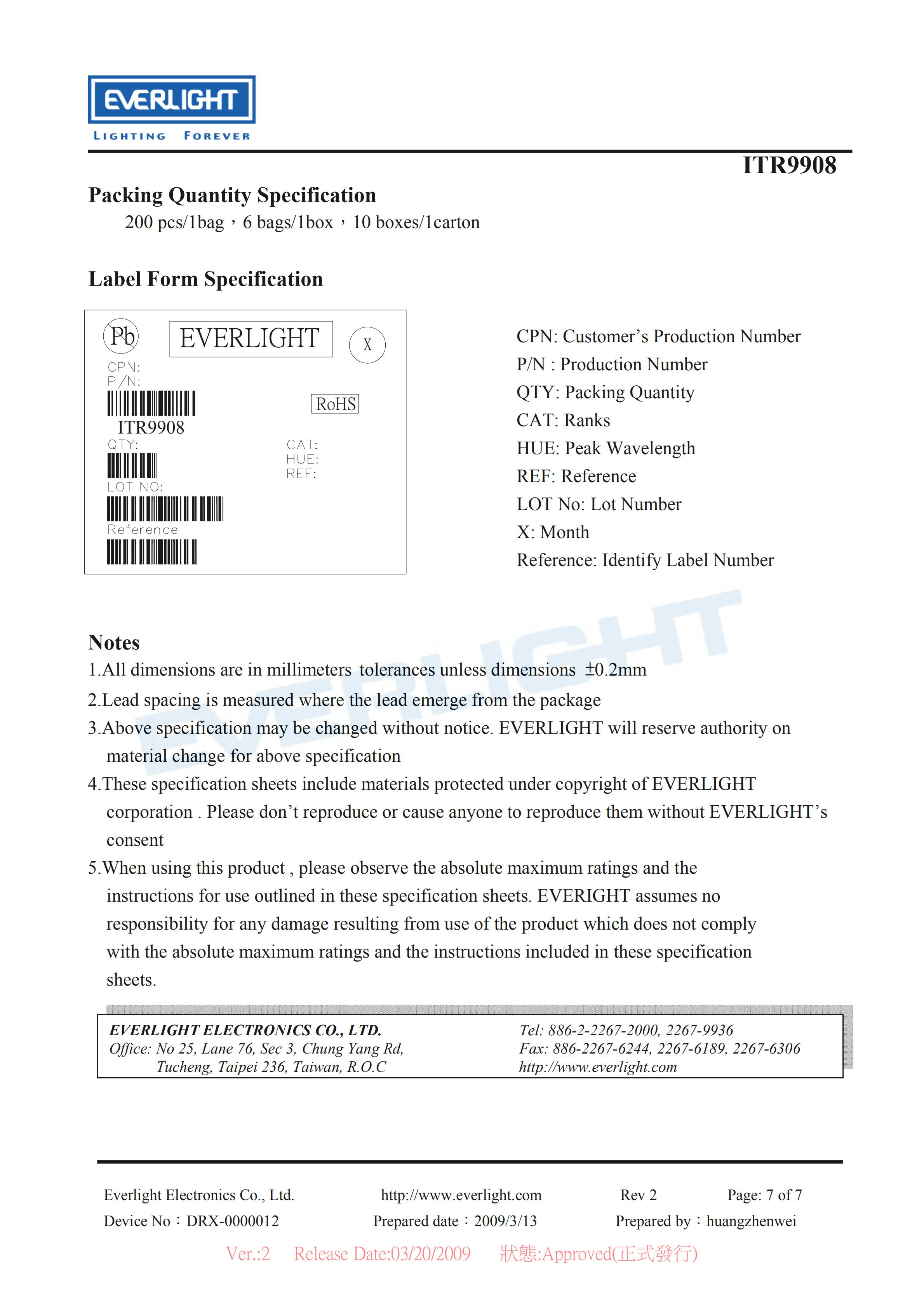 亿光反射式光电开关ITR9908开关传感器参数及规格书(PDF 数据表)