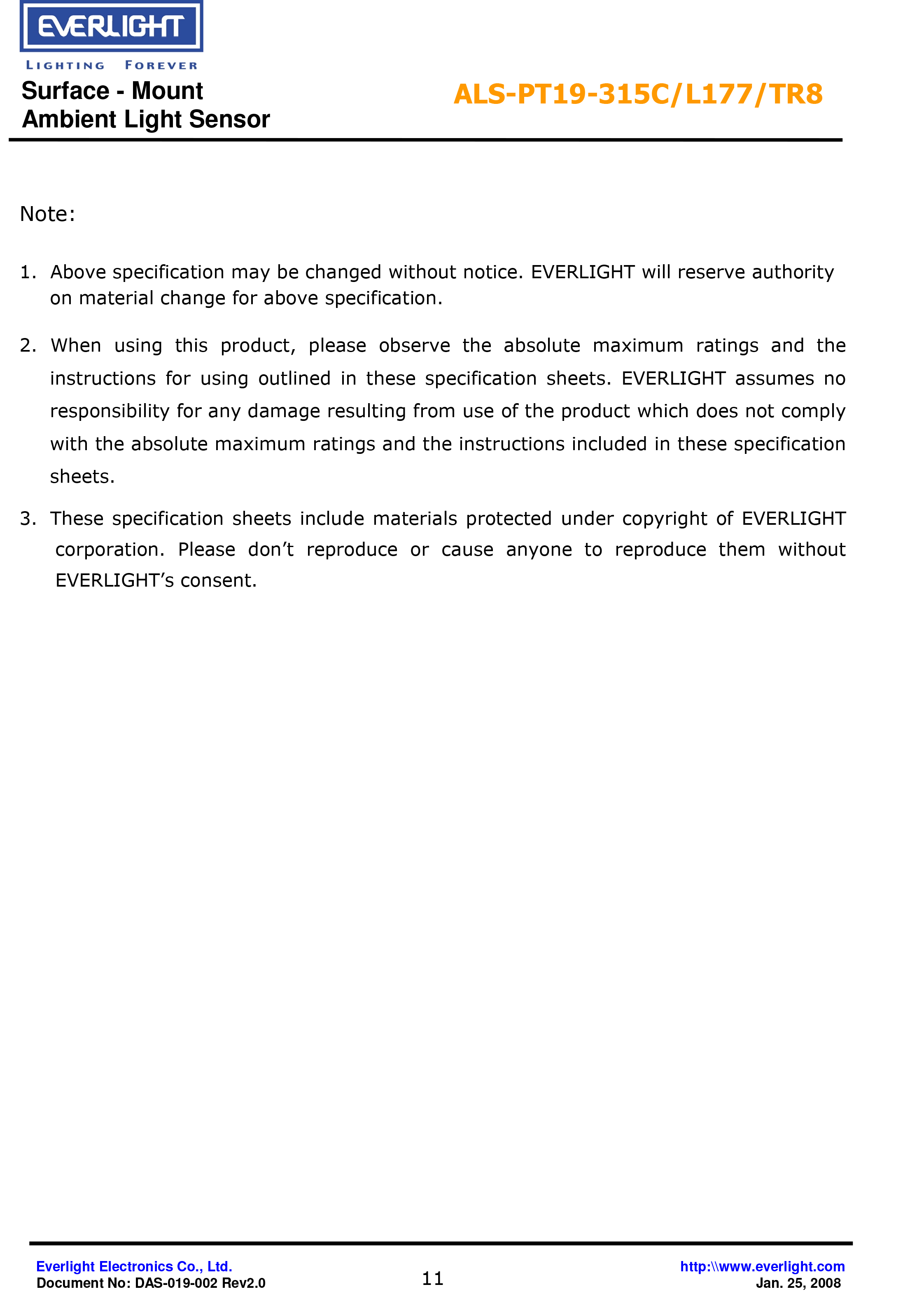 亿光0603环境光传感器ALS-PT19-315C/L177/TR8规格书数据表PDF